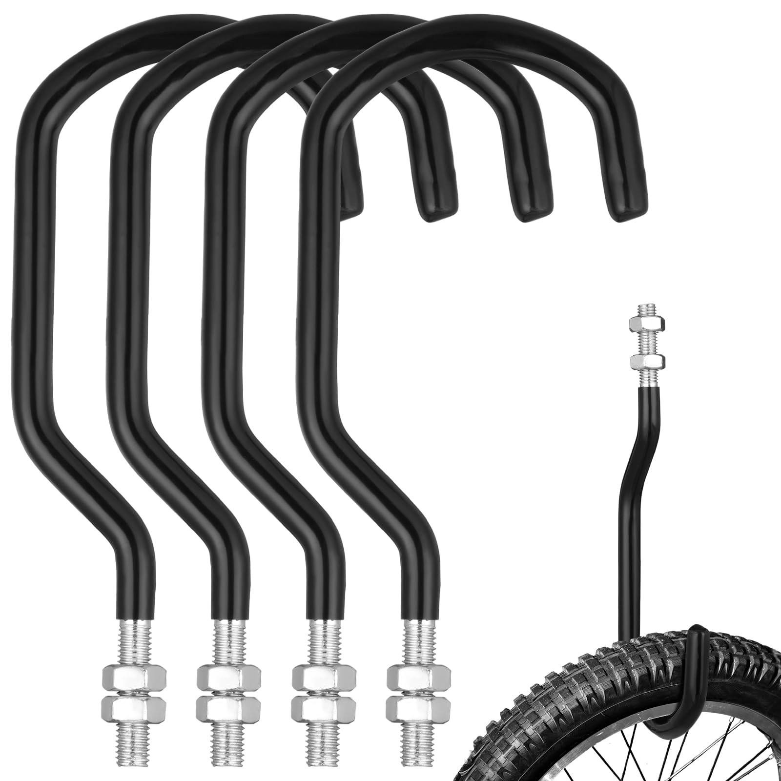 Shimeyao 4 Pcs Machine Thread Bicycle Storage Hook with Nut Heavy Duty Bike Hooks M10 x 1.5 Machine Threading Hook Rubber Coated Bicycle Hanger for Hanging Large Mountain Bike Tire (3.15 Inch,Black)