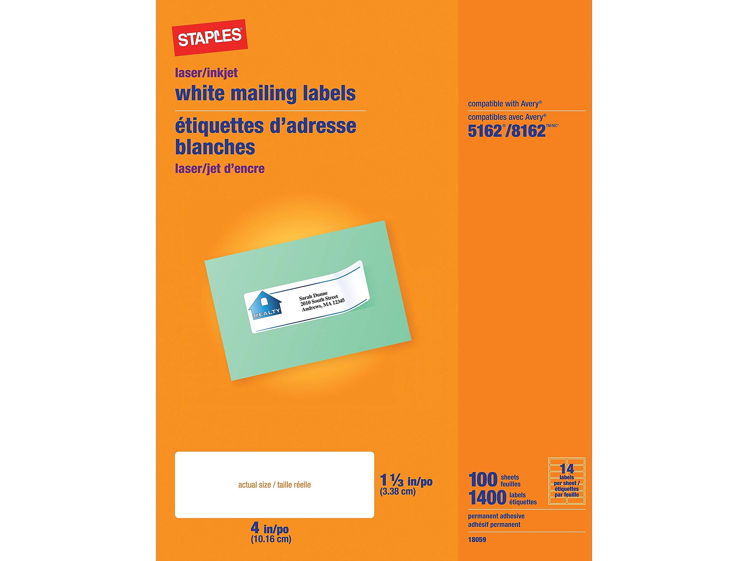 STAPLES479878 Laser/Inkjet Address Labels 1 1/3-Inch x 4-Inch White 14 Labels/Sheet