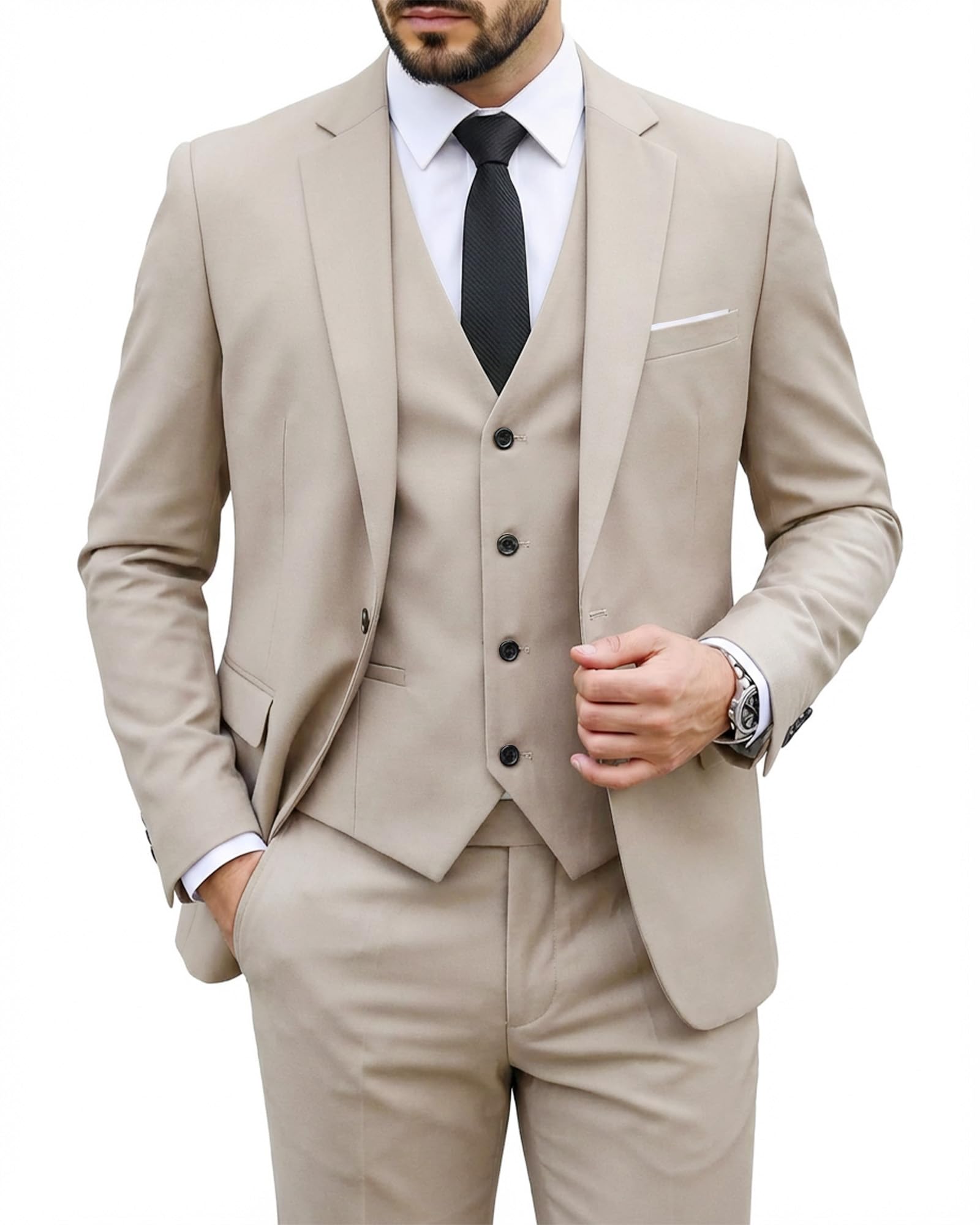 MY'S Men's 3 Piece Suit Set with Tie, One Button Slim Fit Solid Jacket Vest Pants, Prom Party Wedding Business Suits for Men