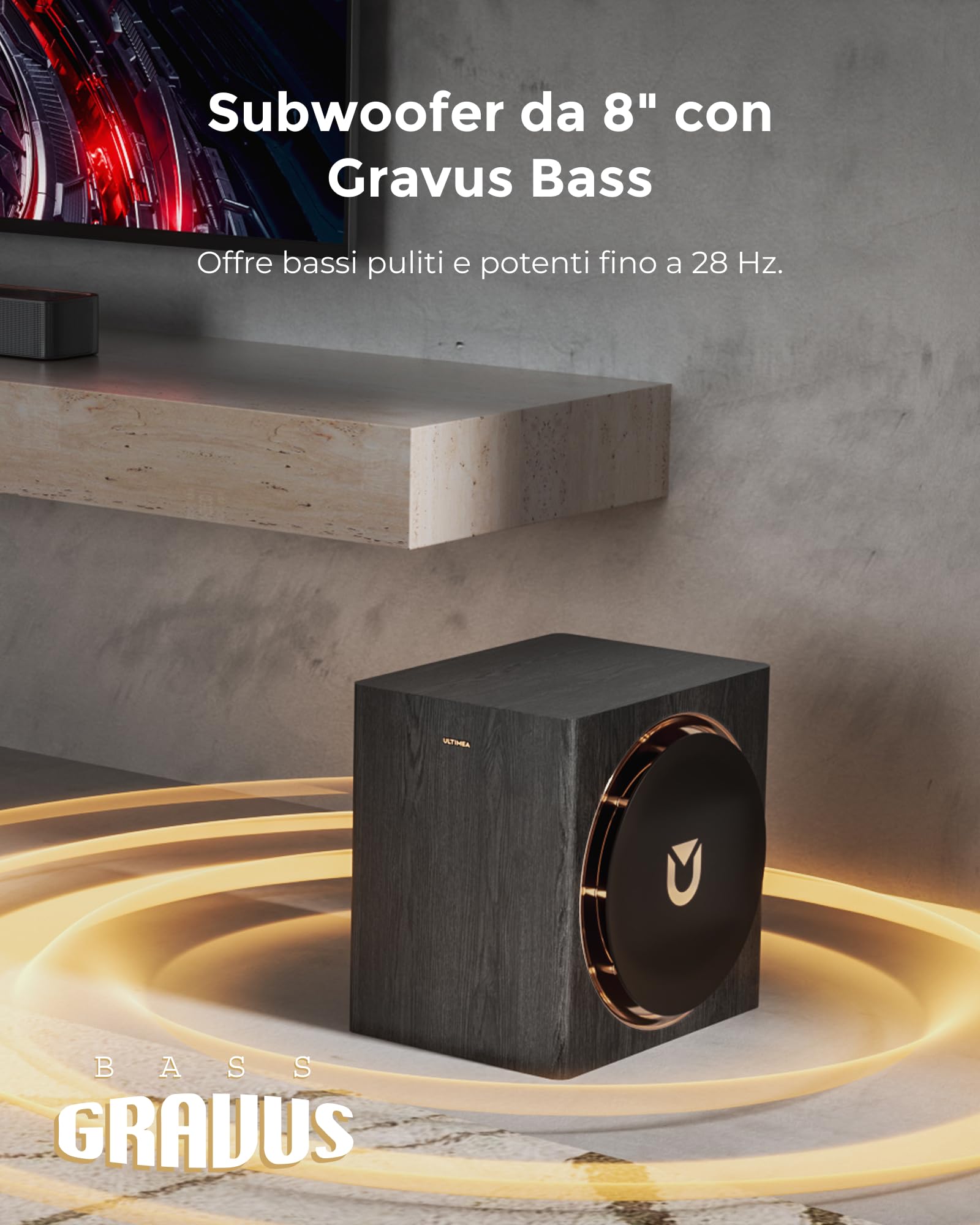 ULTIMEA Skywave X60 a 7.1.4 Canali Soundbar, Combo Audio Surround TV Wireless Professionale con Dolby Atmos, Soundbar da 840 W, Subwoofer da 8 Pollici, Amplificazione GaN e Pass-Through HDR 4K.