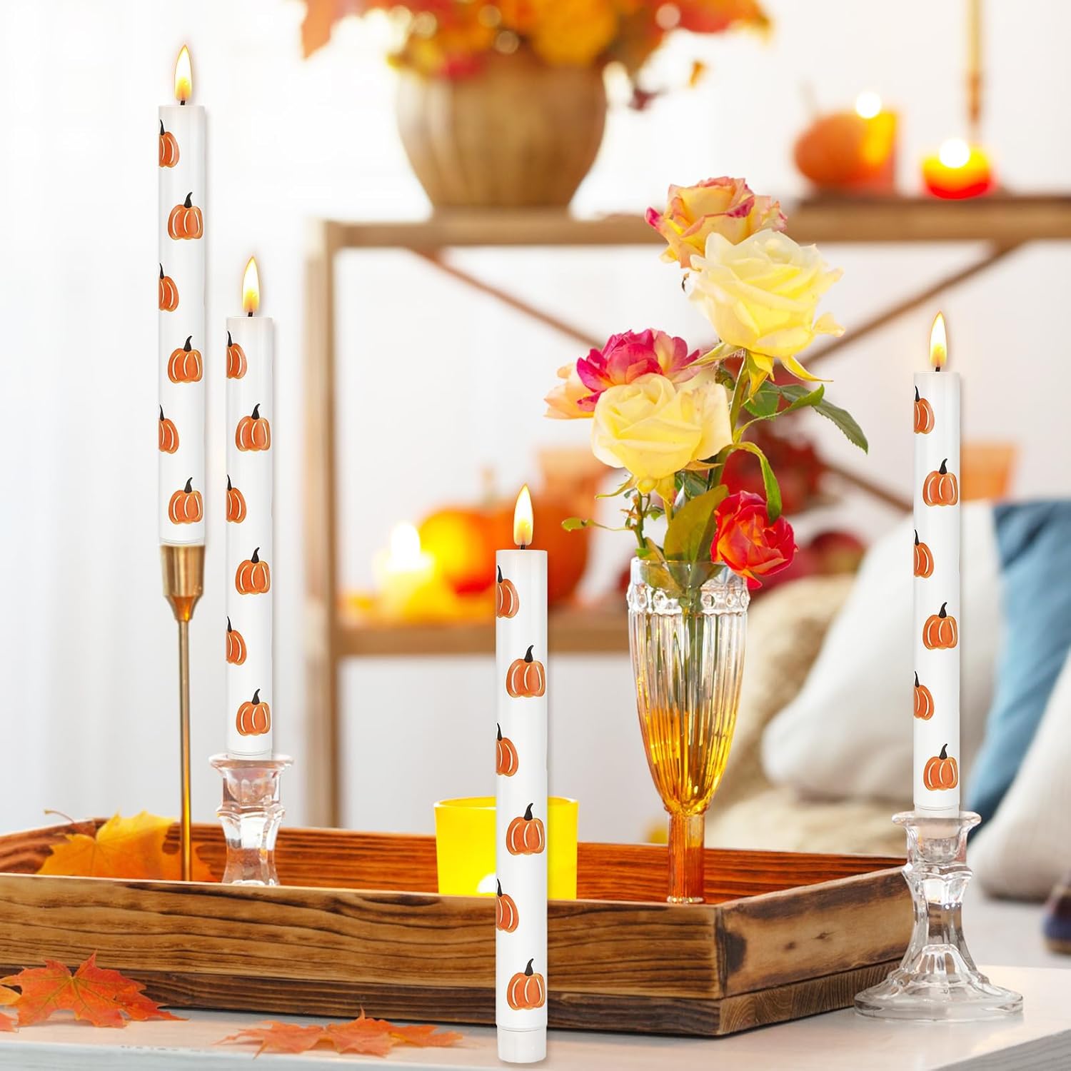 Whaline 6 Pcs Fall Pumpkin LED Flameless Taper Candles with Remote Cute Autumn Pumpkin Battery Operated Candles Thanksgiving Electric Candle Boxed for Party Home Table Centerpiece Decor