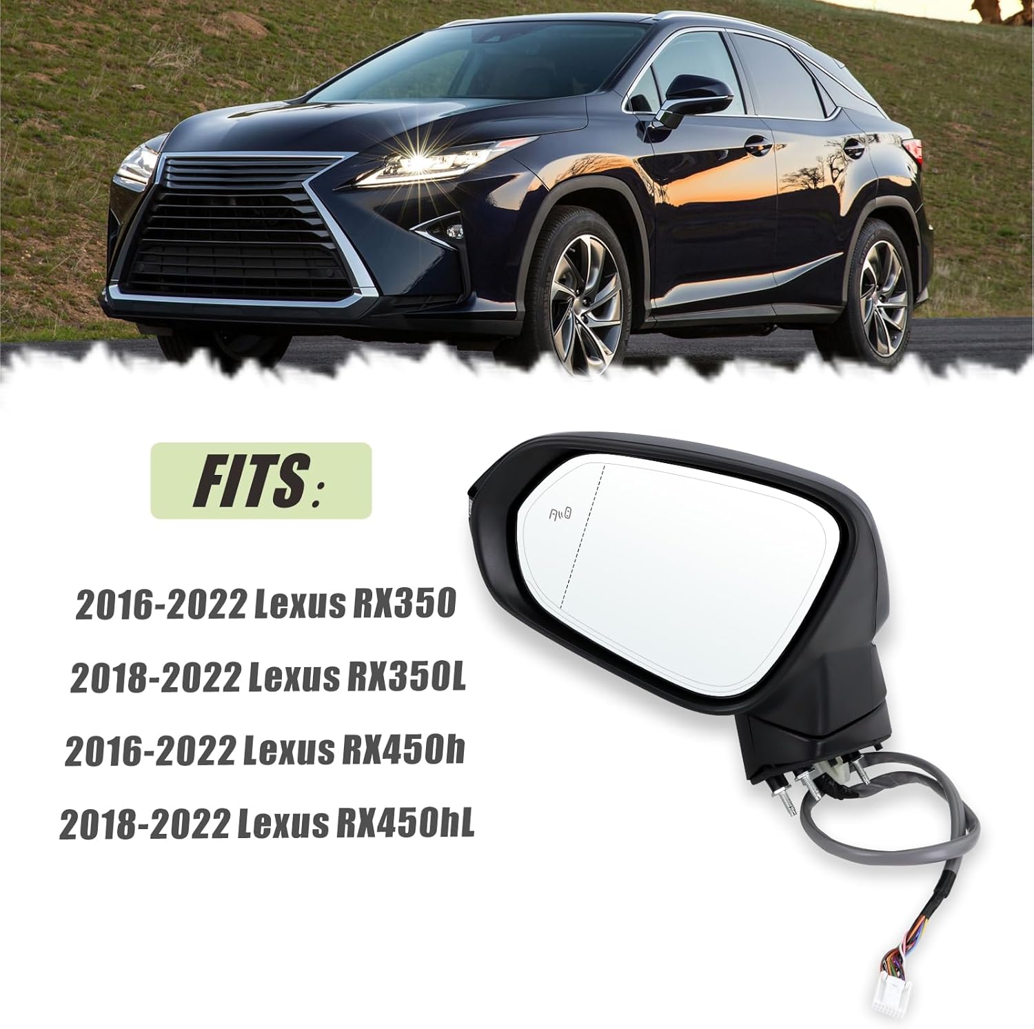 Left Driver Side Mirror Compatible With 2016-2022 Lexus RX350 RX450h 2018-2022 RX350L RX450hL With Power Folding Heated Blind Spot Turn Signal Mirror Memory Black Replace#87940-0E251(15Pins)