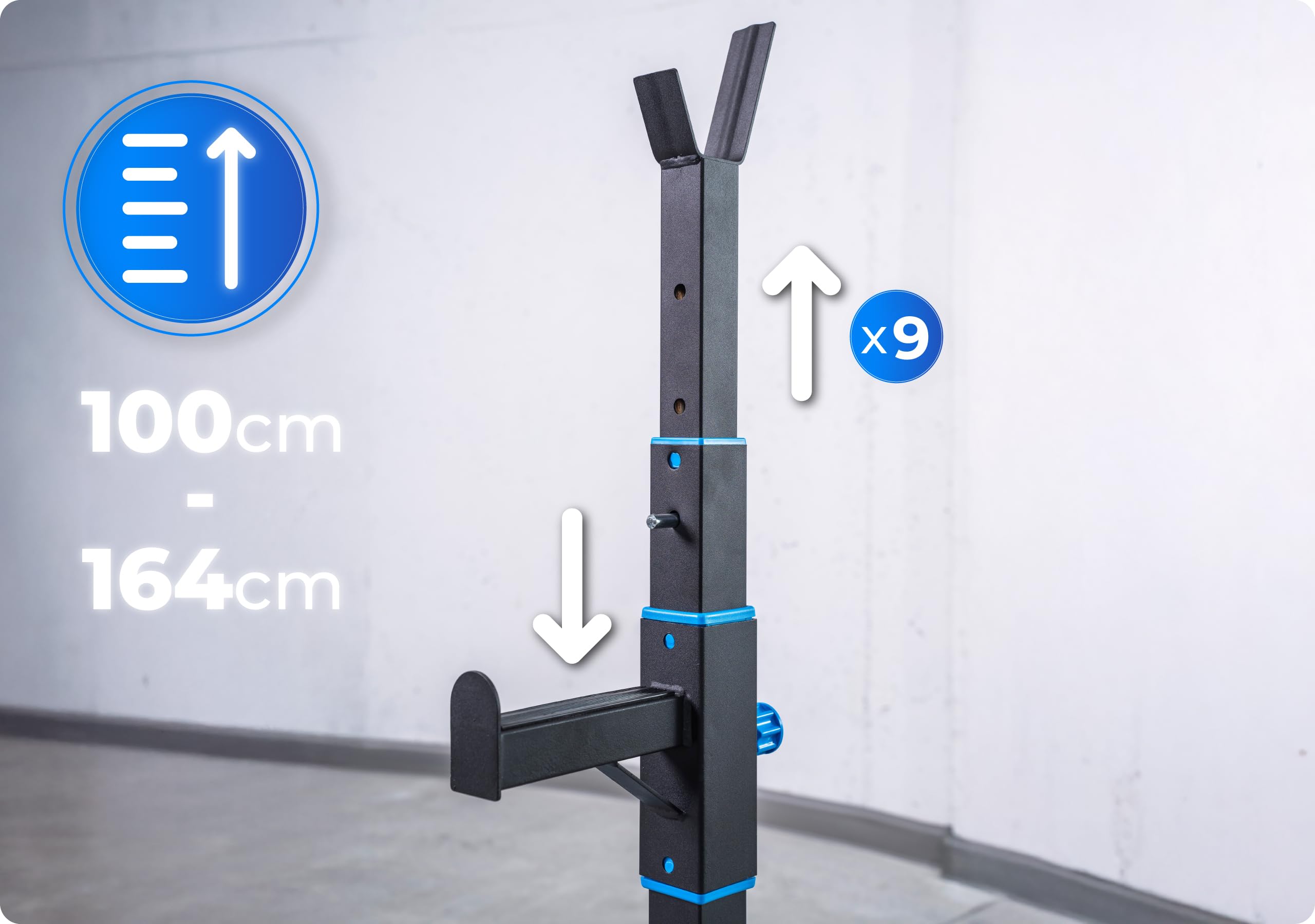 Soporte pesas THUNDER ajustable, con seguros, acero 200 kg, para press banca, sentadillas y fuerza.