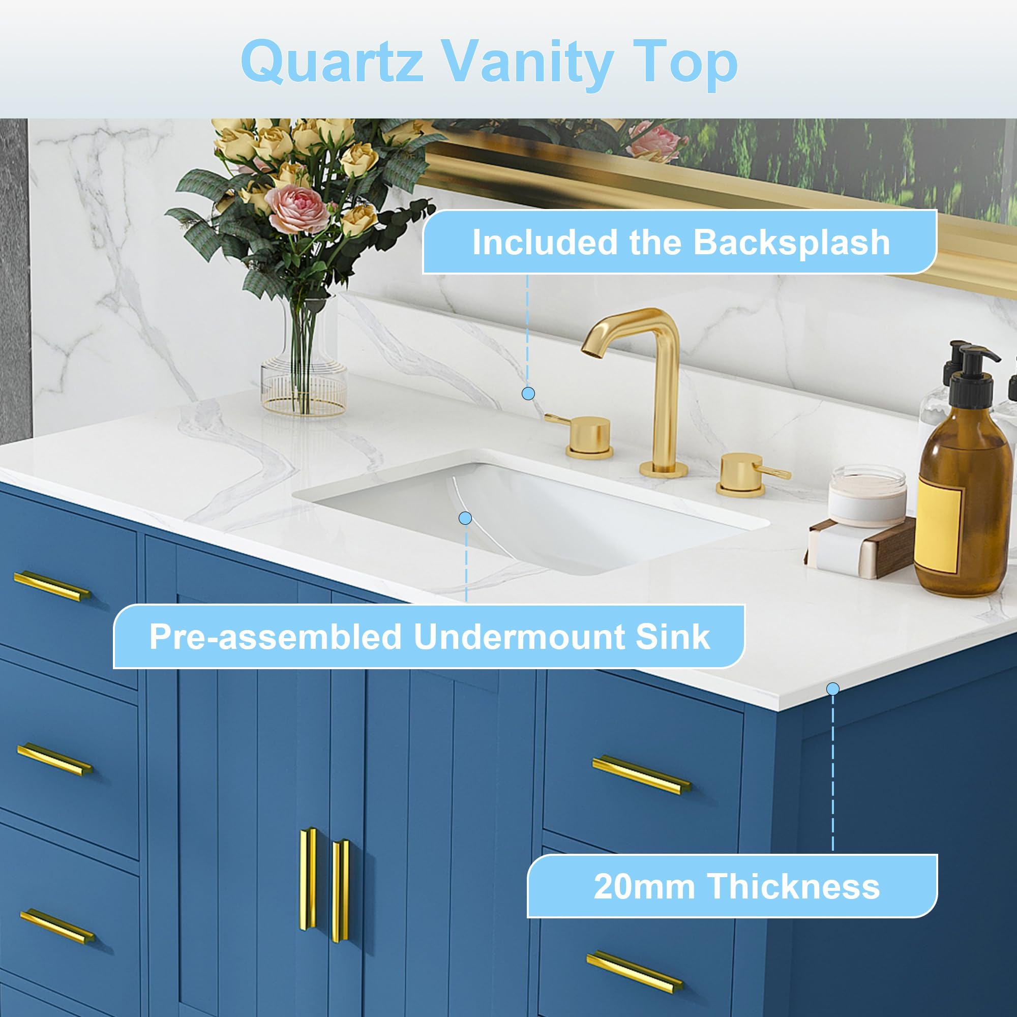 Mobile da bagno blu da 106,7 cm con piano in pietra sinterizzata e lavello sottopiano da 20,3 cm con fori per rubinetto diffusi, cassetti a chiusura rallentata ed elegante paraschizzi, decorazione