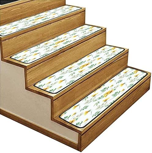 Miniatura 4 de Alfombra botánica de girasol amarillas, hojas verdes, acuarela blanca, 30 x 8 pulgadas, antideslizante, autoadhesiva, para peldaños de madera, 15