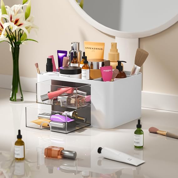 Senders Desk Organiser with 2 Drawers Desk Tidy Organiser with Pen Holder Desktop Stationary for School Office Home Makeup Supplies Practical and Stylish Storage Solution (White)