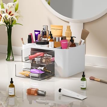 Senders Desk Organiser with 2 Drawers Desk Tidy Organiser with Pen Holder Desktop Stationary for School Office Home Makeup Supplies Practical and Stylish Storage Solution (White)