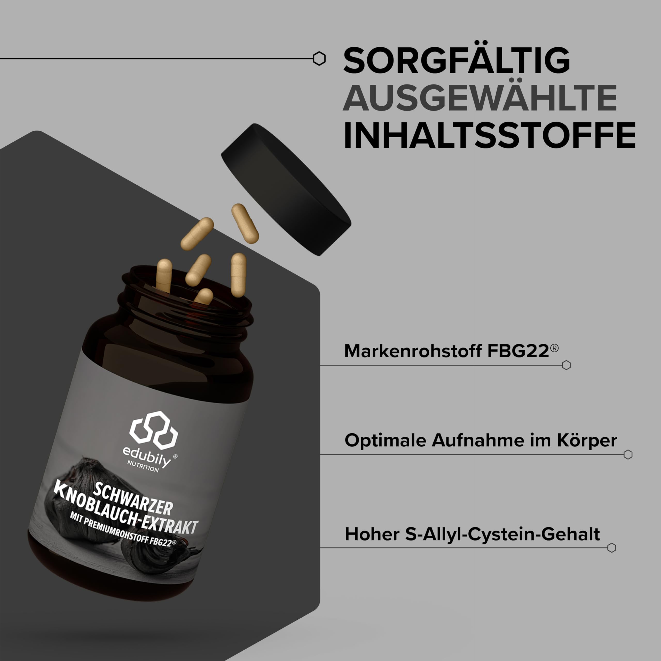 edubily® Schwarzer Knoblauch Extrakt - Mit S-Allyl-Cystein (SAC) - 3-fach fermentiert - 300 mg pro Kapsel - Laborgeprüft - Deutsche Qualität (90 Kapseln)