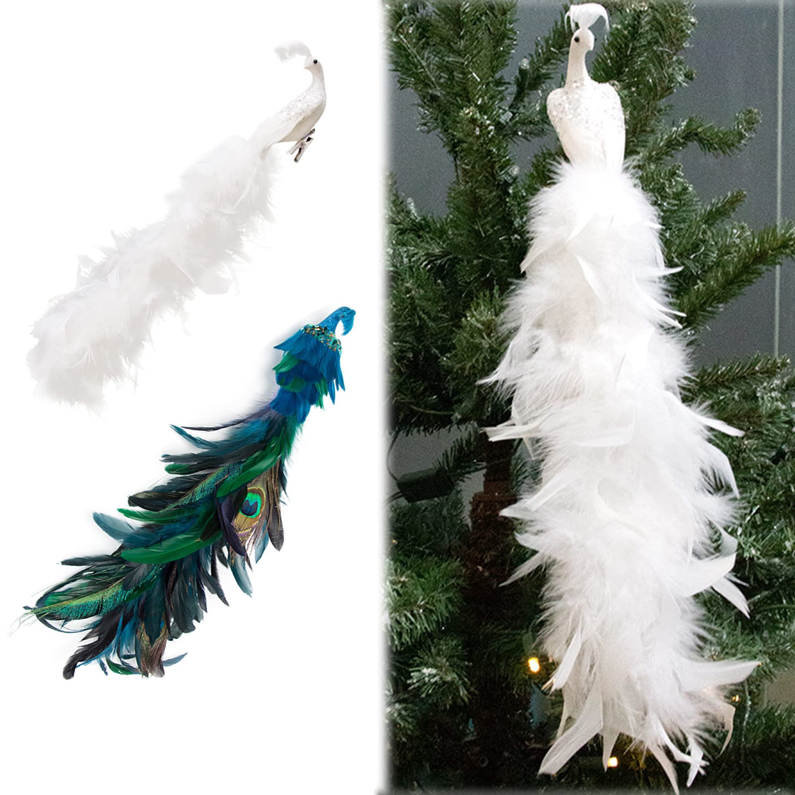 Tauzveok Peacock White Christmas Tree Decoration,Peacock Birds Christmas Tree Decoration,17 Inches Artificial Long-Tailed Feathered Peacock With Clips,For Tree Decorations Christmas,,Suit A