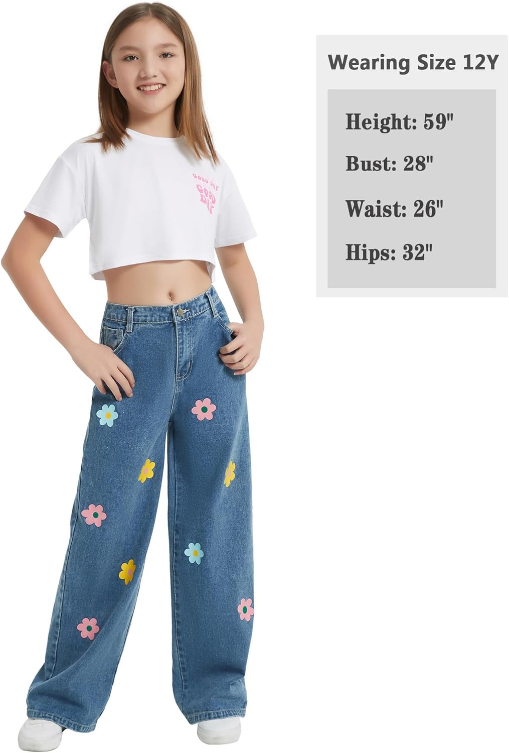 EXARUS Girls Jeans Pants Wide Leg/Flare/Skinny Denim Pant Ripped High Waist Elastic Band Casual with Pockets Kids 6-14Y - Image 6
