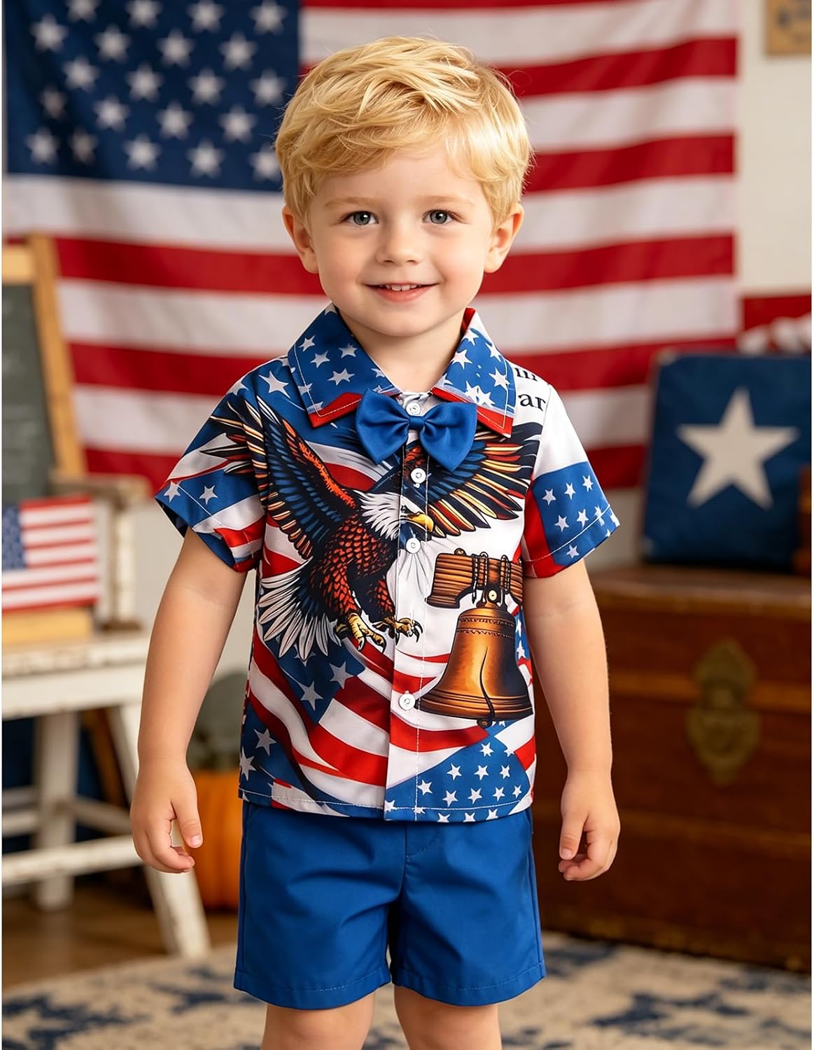 IZYJOY Toddler Boy 4th of July Outfit 250 Anniversary USA Button Up Shirt Shorts Patriotic Set Kid America Flag Eagle Clothes