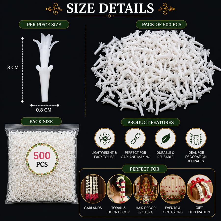 Image of Tia Crafts Artificial Rajnigandha Tuberose Flowers, 500 Pieces, 3 cm White Loose Flower Buds for Garland Making, Pooja, Wedding, Temple, Toran, Veni, Gajra and DIY Decoration | 500 pcs Small - 3 cm