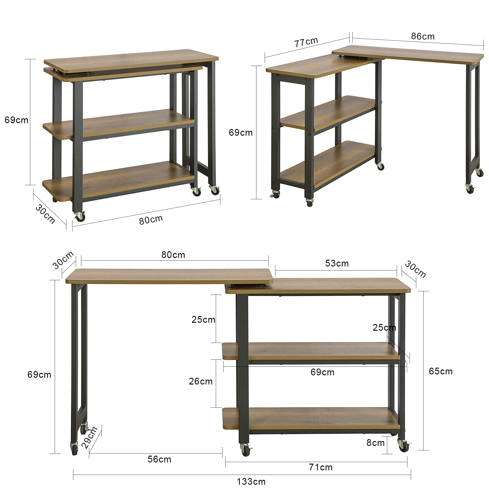 SoBuy FWT83-PF L-förmiger Beistelltisch mit 2 Ablagen Sofatisch mit Rollen Couchtisch Eckschreibtisch Computertisch Arbeitstisch Industrie-Design BHT ca.: 133x69x30cm
