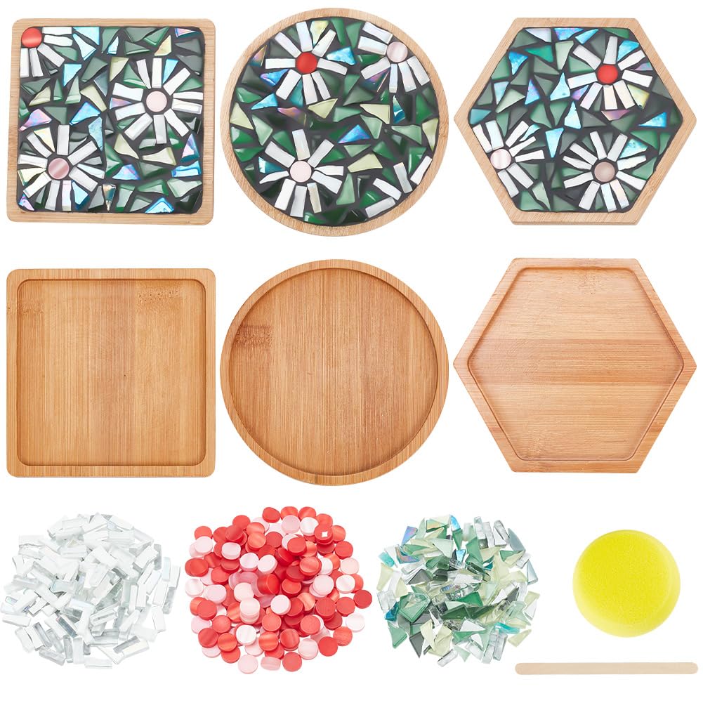 WEBEEDY 3 Styles DIY Mosaic Craft Kit Flower Mosaic Bamboo Coasters Mosaic Kits for Adults Beginner, Green Glass Mosaic Tiles Pieces with Blank Base Tray for Handmade Art Home Decor