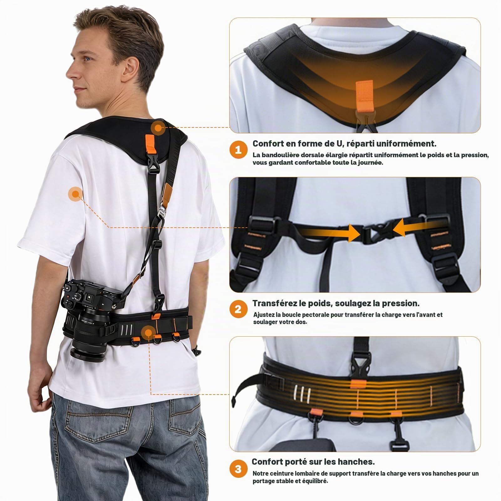 Cwatcun Sangle de caméra réglable pour photographes – Harnais à double épaule multifonctionnel et ceinture de taille pour accessoires d’appareil photo DSLR/SLR et rangement