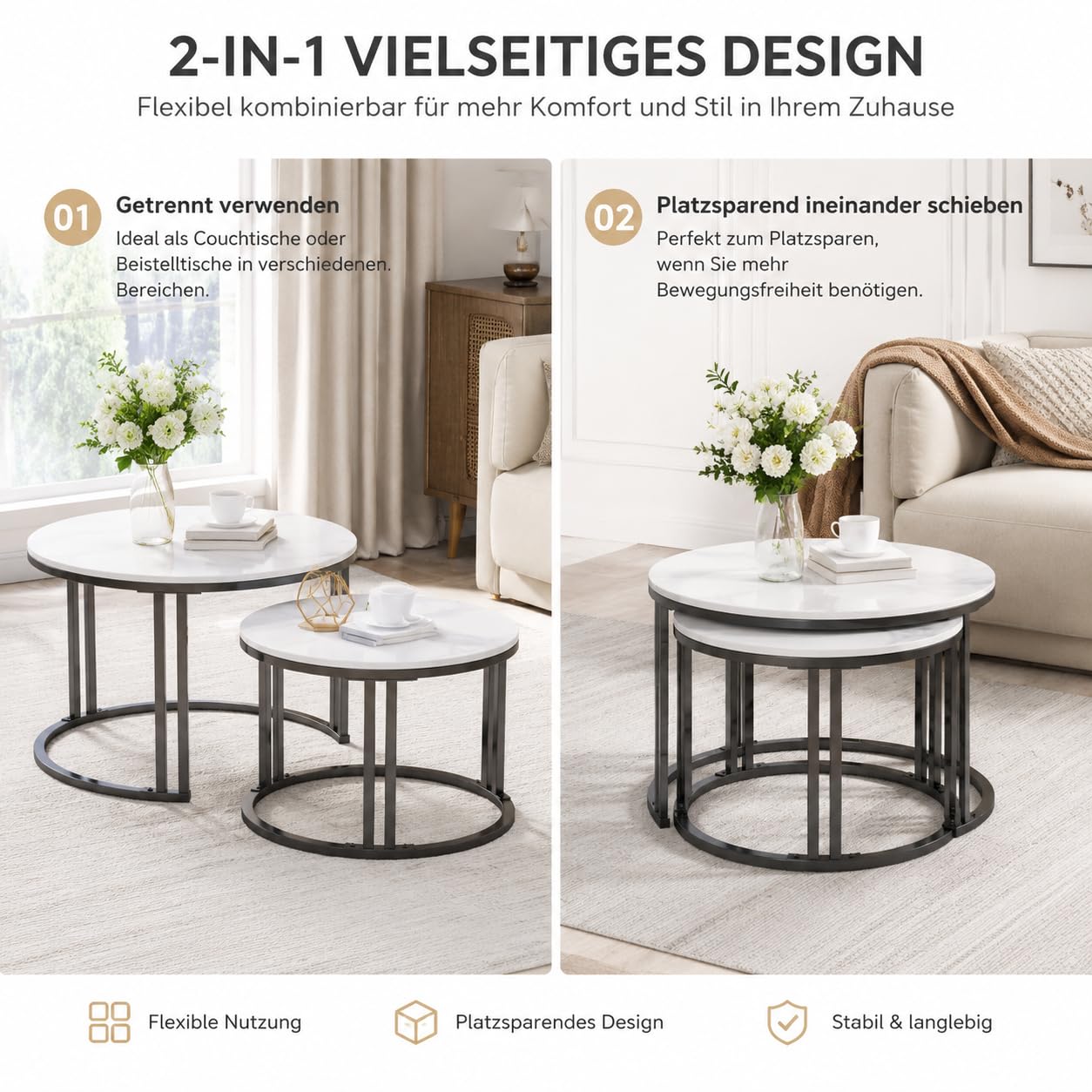 FATIVO Couchtisch Rund 2er Set Marmor Optik Weiß mit schwarz Metallrahmen
