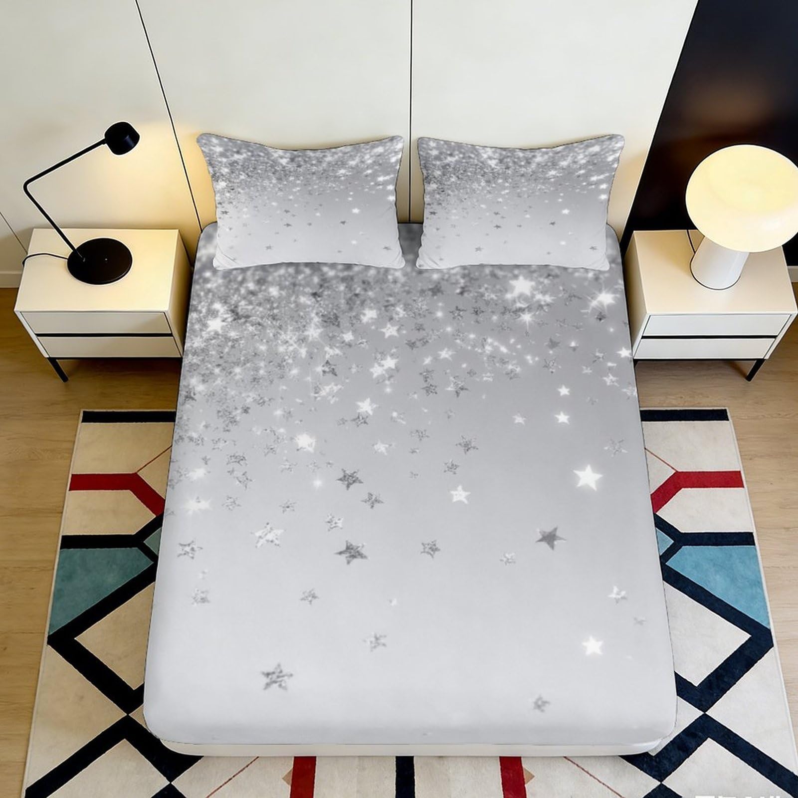 3D Printed Starry Fitted Sheet Microfiber Deep Pocket Bedroom Bedding Set Star Mattress Fitted Cover Non-Slip Washable for Adults Teens 200x200x25cm 90x200x25cm