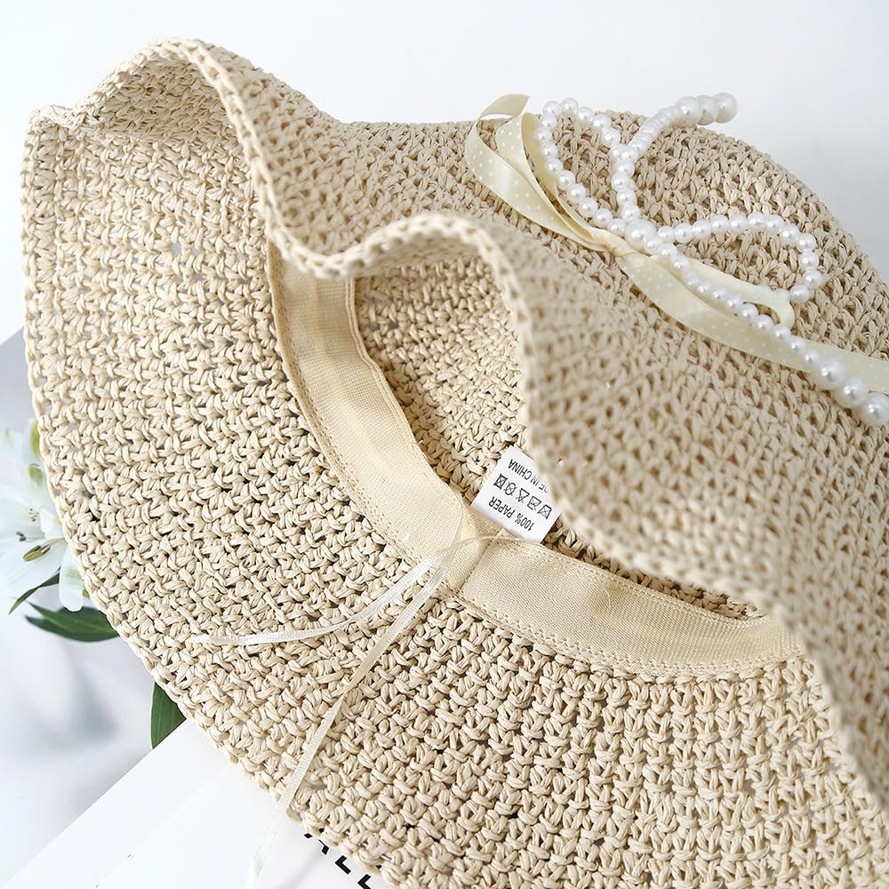 Sombrero de Paja Plegable de Verano para Mujer,de ala Ancha,con Protección UV y Lazo de Perla,Plegable y Transpirable,Ideal para Playa,Viajes y Fiestas