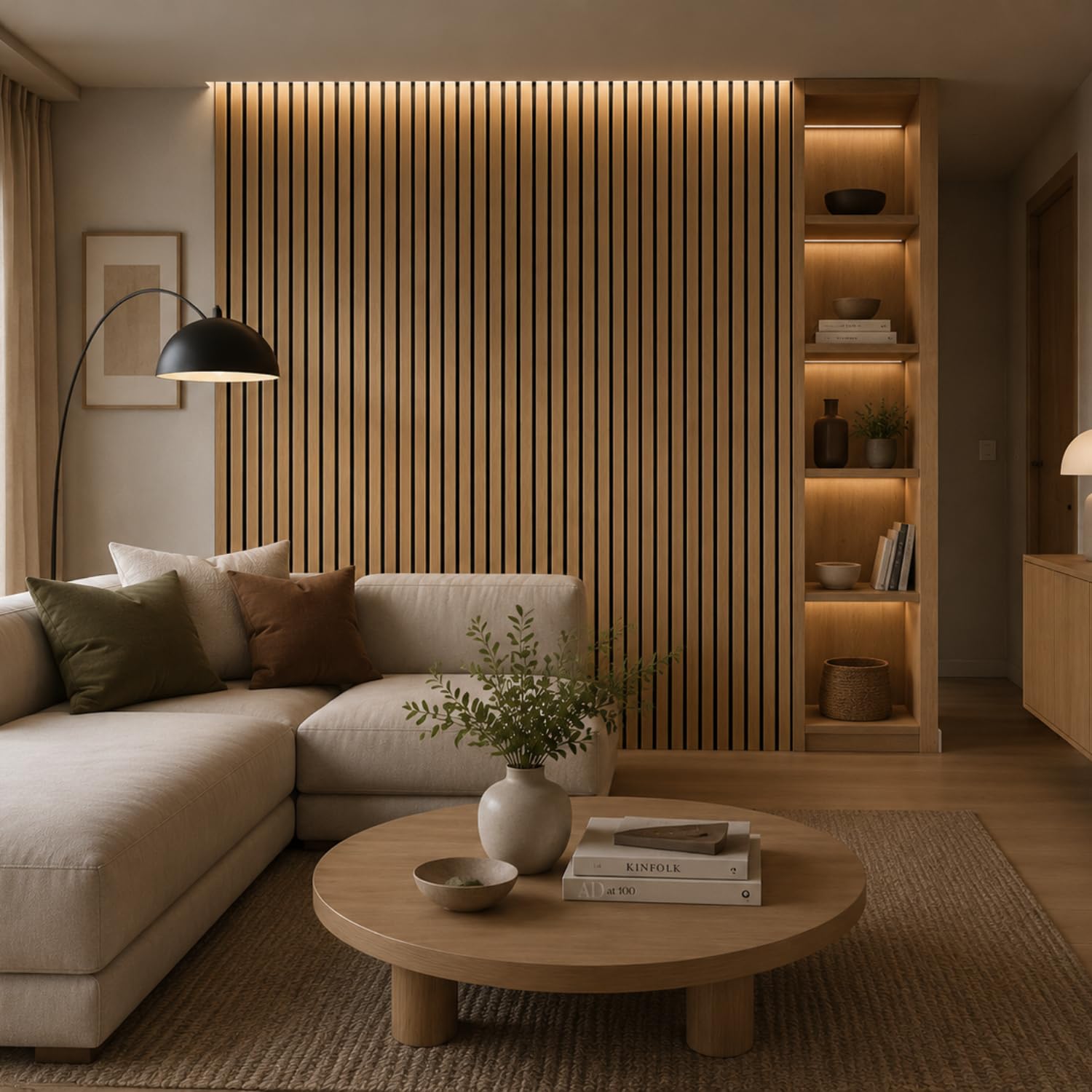 Paluplus Set 2 Pannelli Fonoassorbenti con Doghe Effetto Legno, Misura 120x60 cm - 1,44 ㎡, Pannello 3D Spessore da 2,1 cm, Rivestimento Acustico Decorativo per Pareti e Soffitti -4540M -11 (Beige)