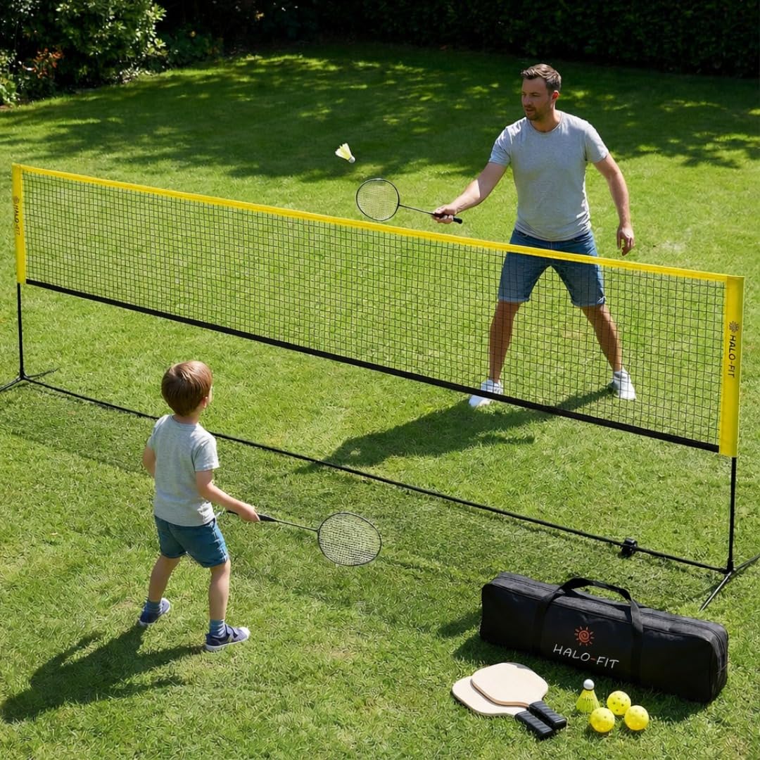 HALOFIT Pickleball & Badminton Set – 2-in-1 Netz mit Schlägern & Bällen – Tragbares Netzsystem für Garten, Indoor & Outdoor – 5 m Netz, 4 Schläger, 2 Pickleball-Bälle, 3 Federbälle & Tragetasche