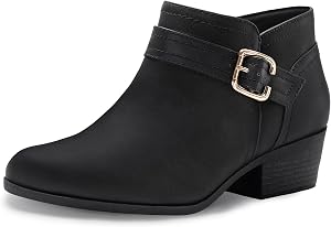 Athlefit Women's Ankle Boots, Chunky Heel Short Boots for Women, Classic Pointed Toe Fall Shoes for Women with Classic Side Zip, Cover with Buckle Strap, Comfortable Platform Slip On Booties