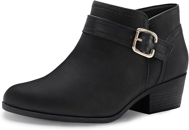 Athlefit Bottes de cheville pour femmes, Bottes courtes talons pour femmes et chaussures d'automne pointues pour femmes avec fermeture éclair latérale classique, housse avec boucle, plate-forme confortable sur les bottes