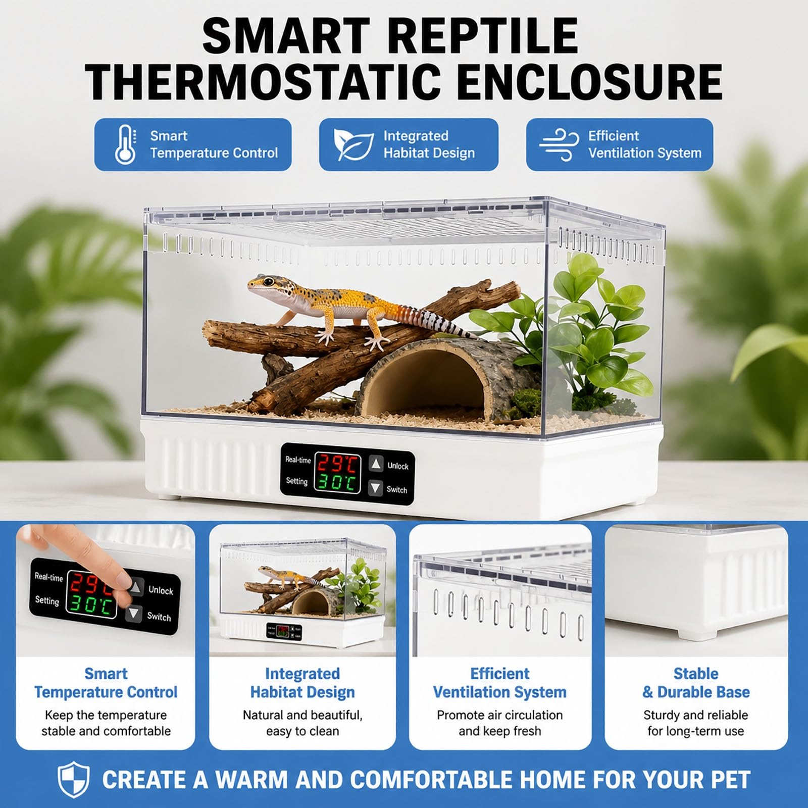 Terrario de Reptiles con Termostato Inteligente, Vivario de Doble Zona con Calefacción y Enfriamiento, Hábitat Transparente de Vista Completa, Temperatura Ajustable 15℃-55℃ para Gecko Leopardo(Black)