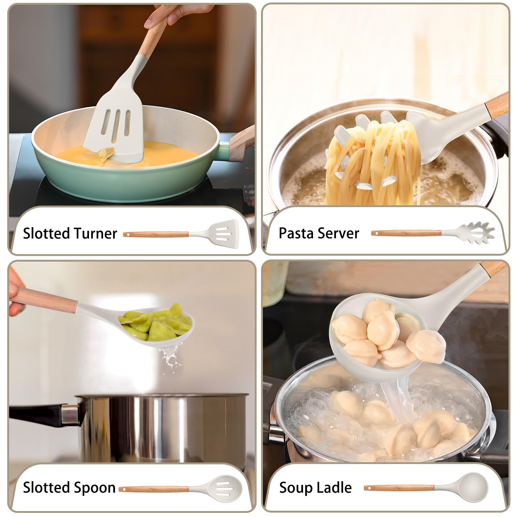P&P CHEF Set 8 Utensili Da Cucina In Silicone - Colore Kaki - Resistenti Al Calore E Anti Graffio