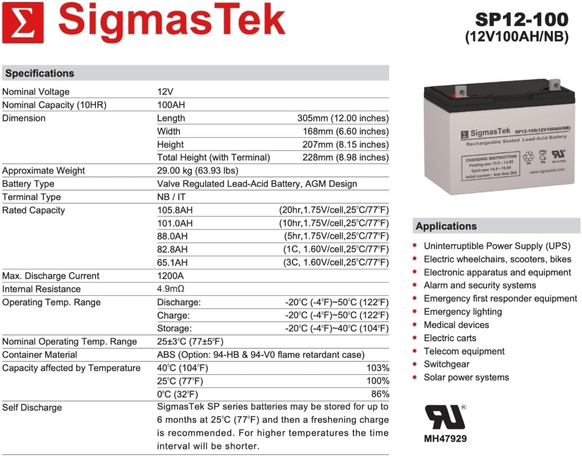 SigmasTek Universal Power UB121100 (D5751), UB121000 (45978), UB12900 (45826), BSB DC12-100, DB12-100, DB12-90 Compatible SLA AGM Battery, 12V 100Ah NB SP12-100 (NB)