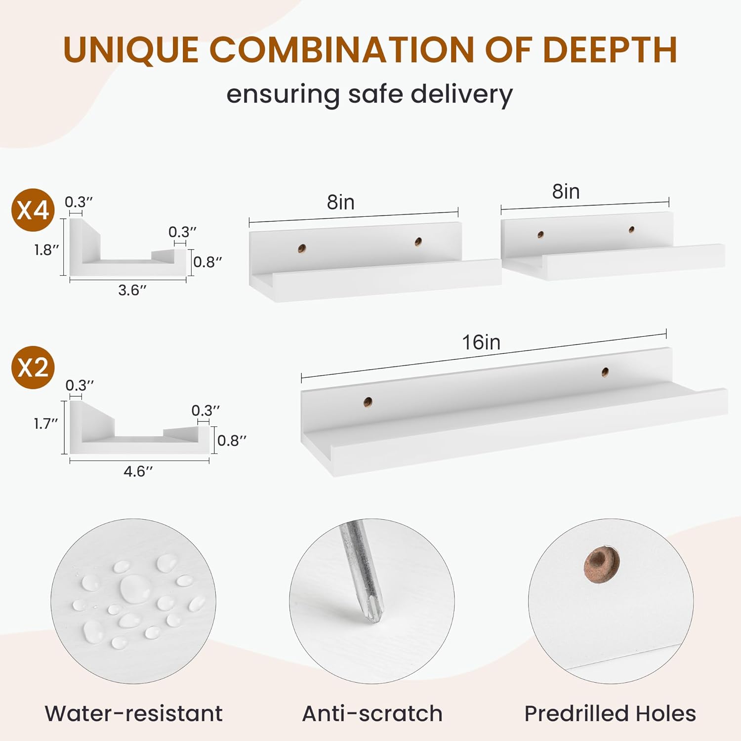 Axeman Picture Ledge Shelf, Floating Shelves for Wall Decor Storage Set of 6, 16 inch Floating Wall Mounted Shelves, Shelves with Lip for Living Room, Bedroom, Nursery, Bathroom, Kitchen, White