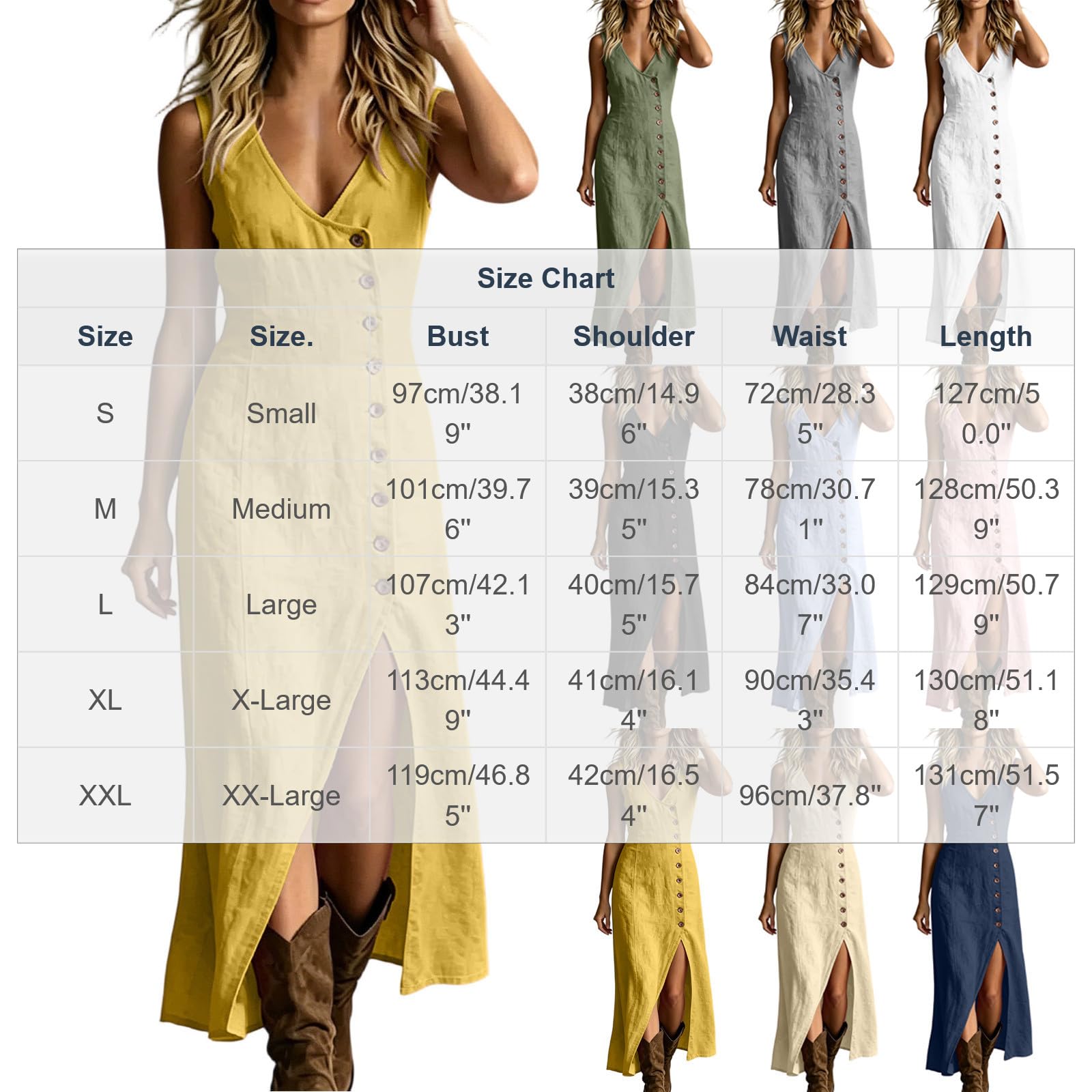 Generico Vestiti Estivi Donna Lino Vestito Lungo in Cotone Senza Maniche Morbido Abiti Mare Casual Orlo a Fessura Abito Fluidi Tinta Unita Abito Scollo a V Boho Chic Leggeri Vestiti Baggy da Spiaggia