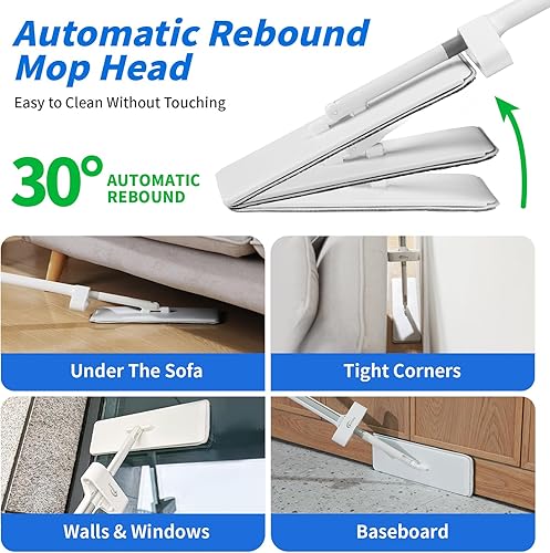 Miniatura 4 de Oshang Trapeador plano y cubo plegable OG7 con ruedas, 2 almohadillas de microfibra lavables reutilizables, color blanco puro