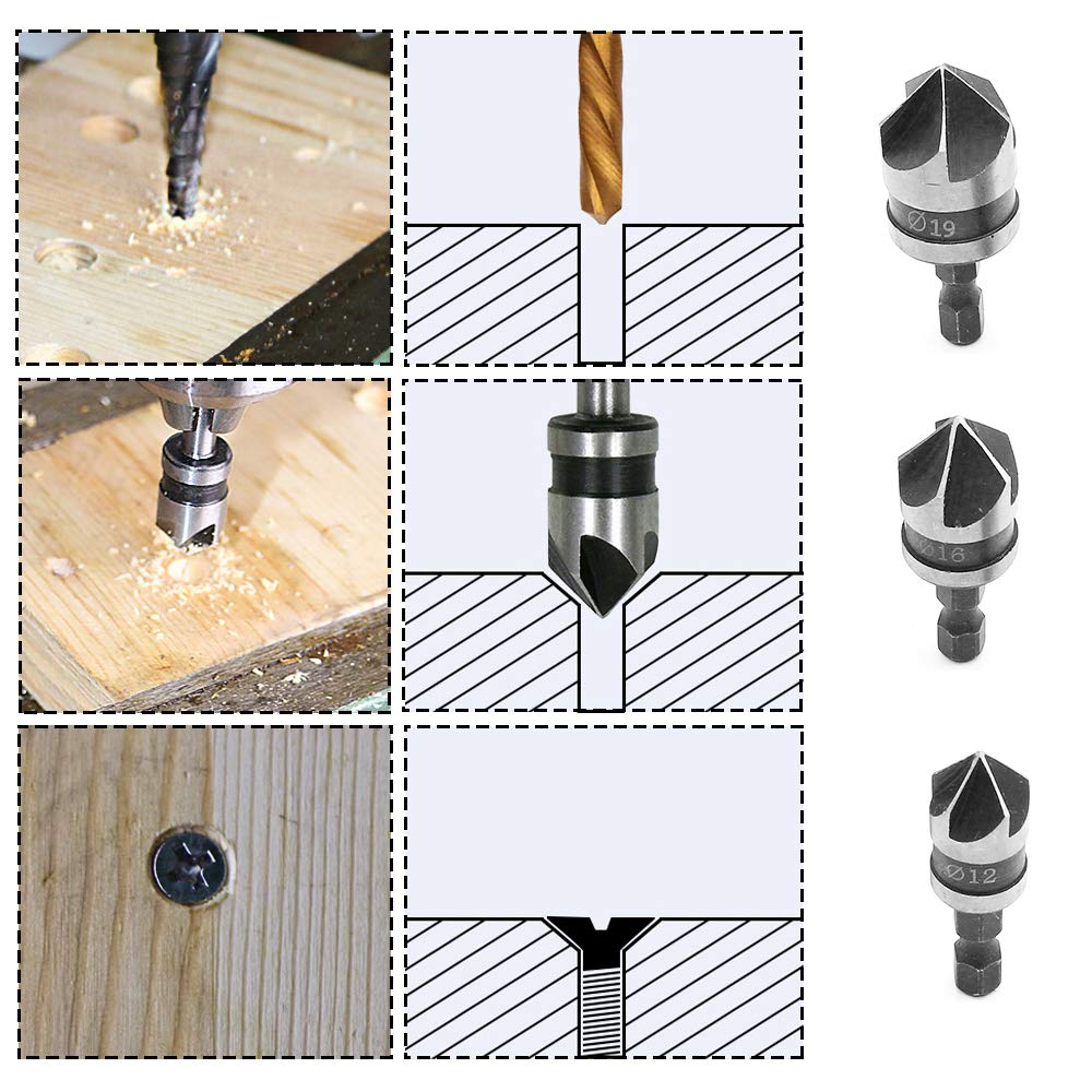 LEMROE 3pcs 90 Degrés 5 Flûte Fraises à Chanfreiner Set Pour Bois, Métal Changement Rapide 1/4