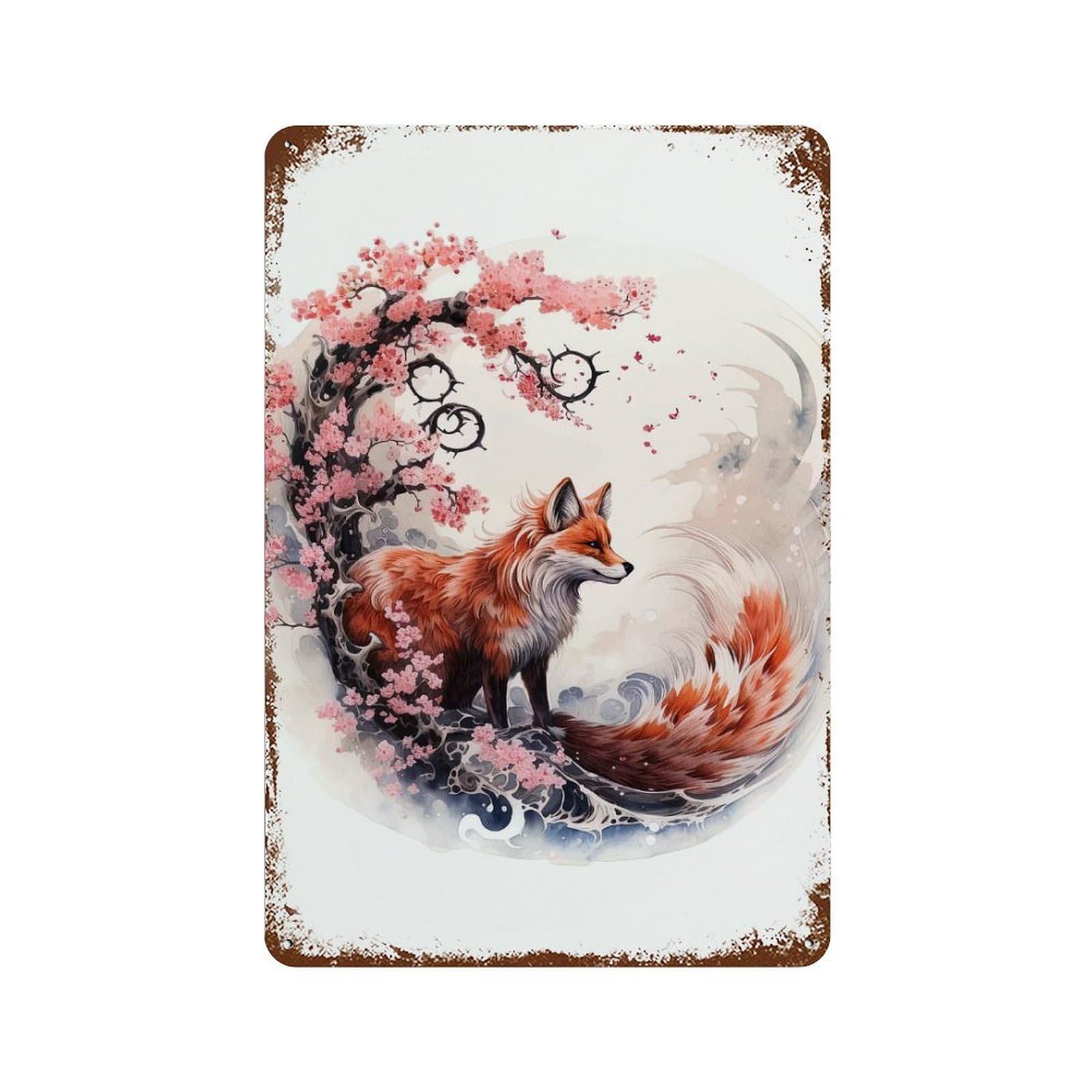 Fox And Cherry Blossoms Watercolor Art Distressed Metal Wall Sign 11.8"x7.9", Rustic Home Decor for Living Room, Hallway And Home Decor