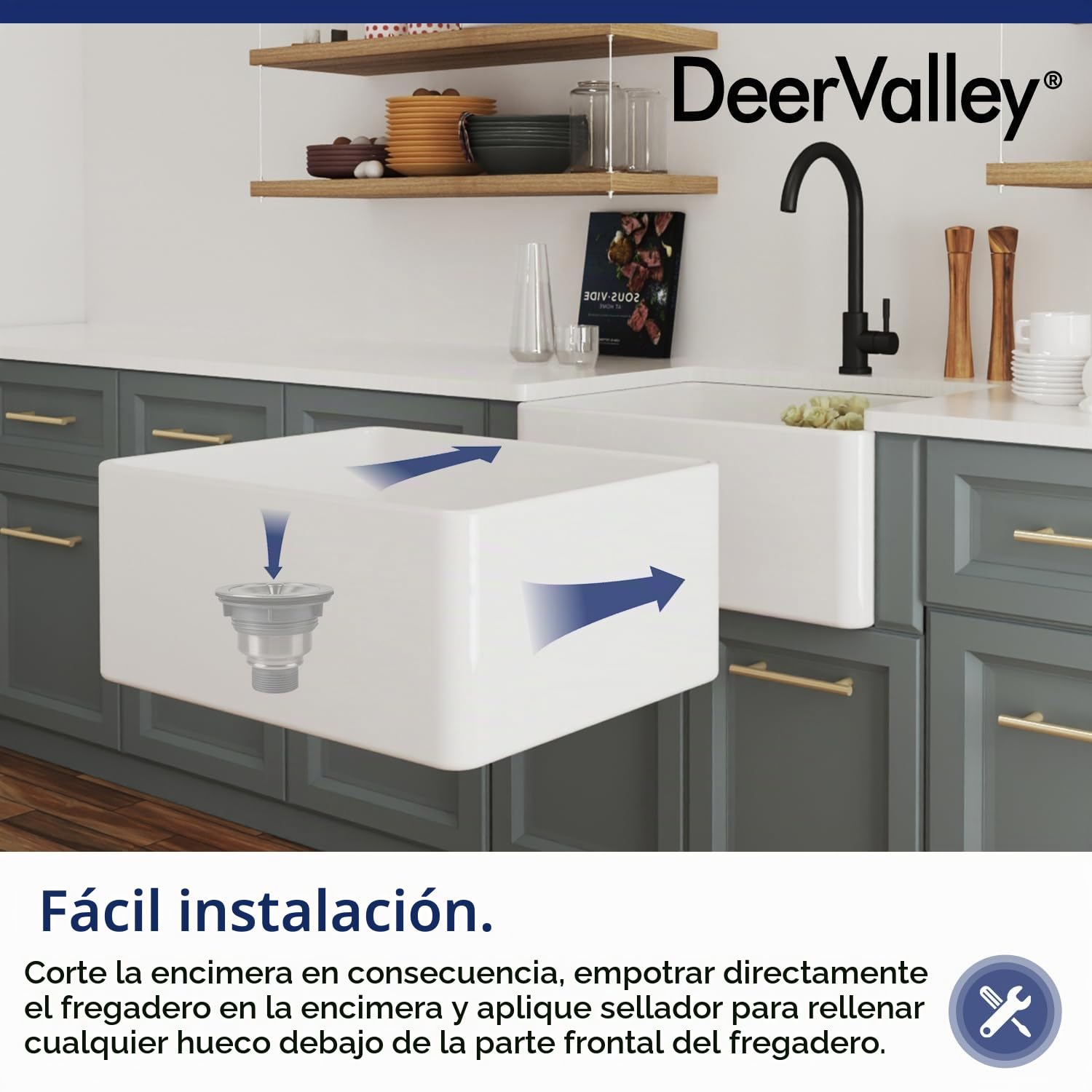 DeerValley Fregadero blanco de 24 pulgadas, fregadero de cocina de cerámica de arcilla refractaria, fregadero frontal profundo con rejilla inferior y colador | Fireclay - Fregadero frontal profundo con rejilla inferior y colador