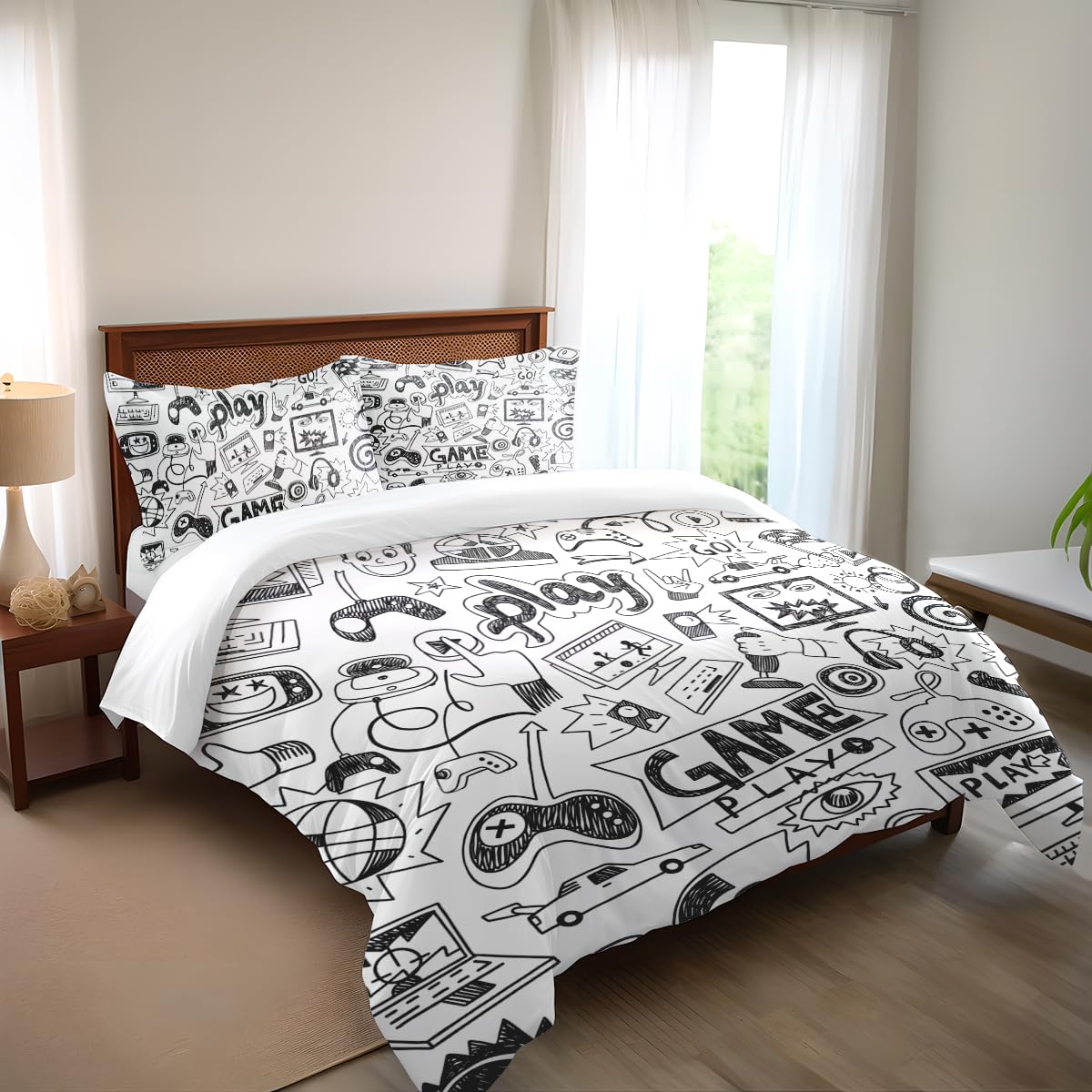 Vichonne Gaming Comforter Sets for Boys Teen Twin Size,Kids Video Games Bedding Set Sketch Style Athletic Racing Game Design Bedroom Home Decor
