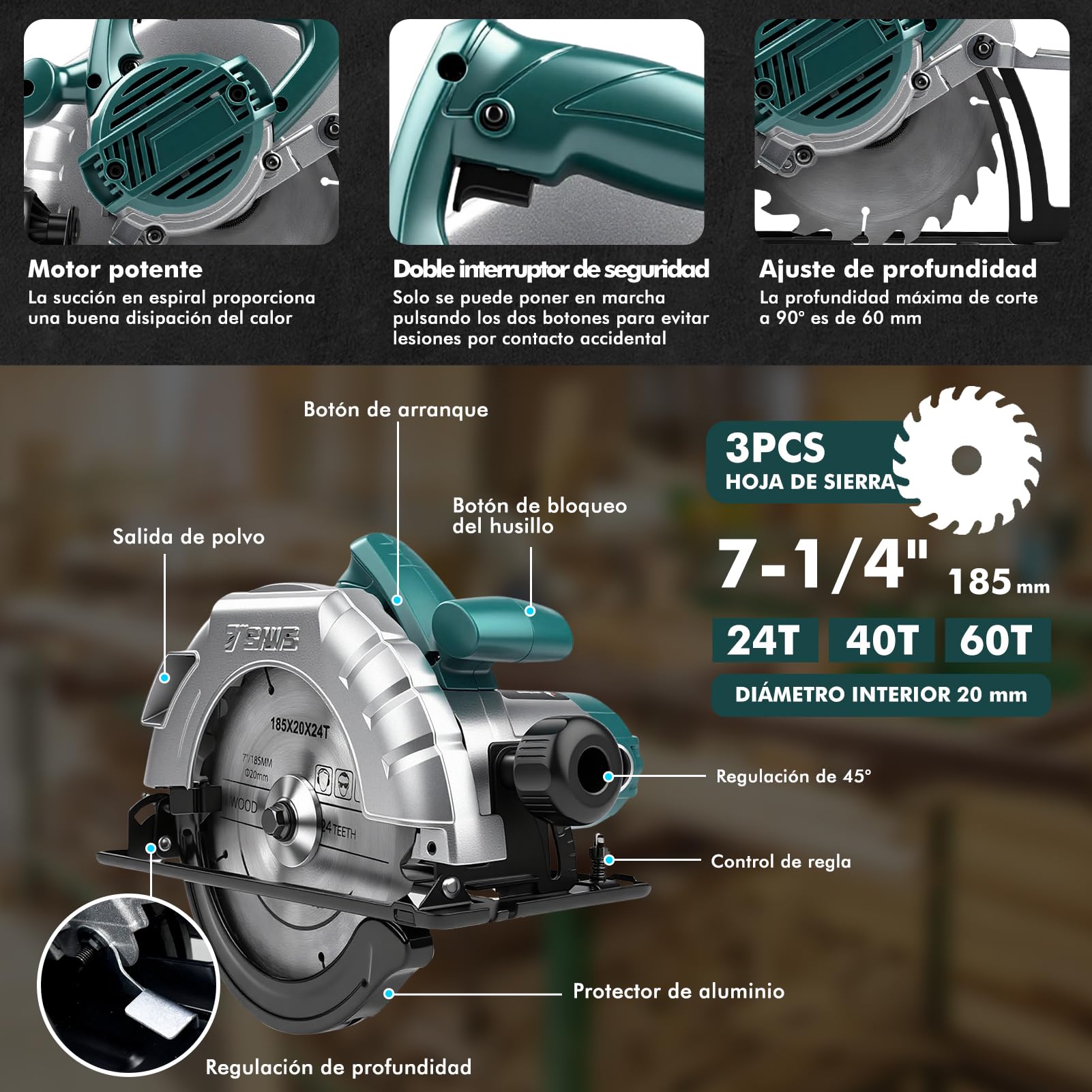 Sierra Circular Eléctrica de 1200 W, 220V 5200 Rpm Potente Velocidad Variable Ángulo Y Profundidad Ajustables, Con 3X Hojas de 185mm 24T/40T/60T, para Carpintería Doméstica, Tubos de Pvc