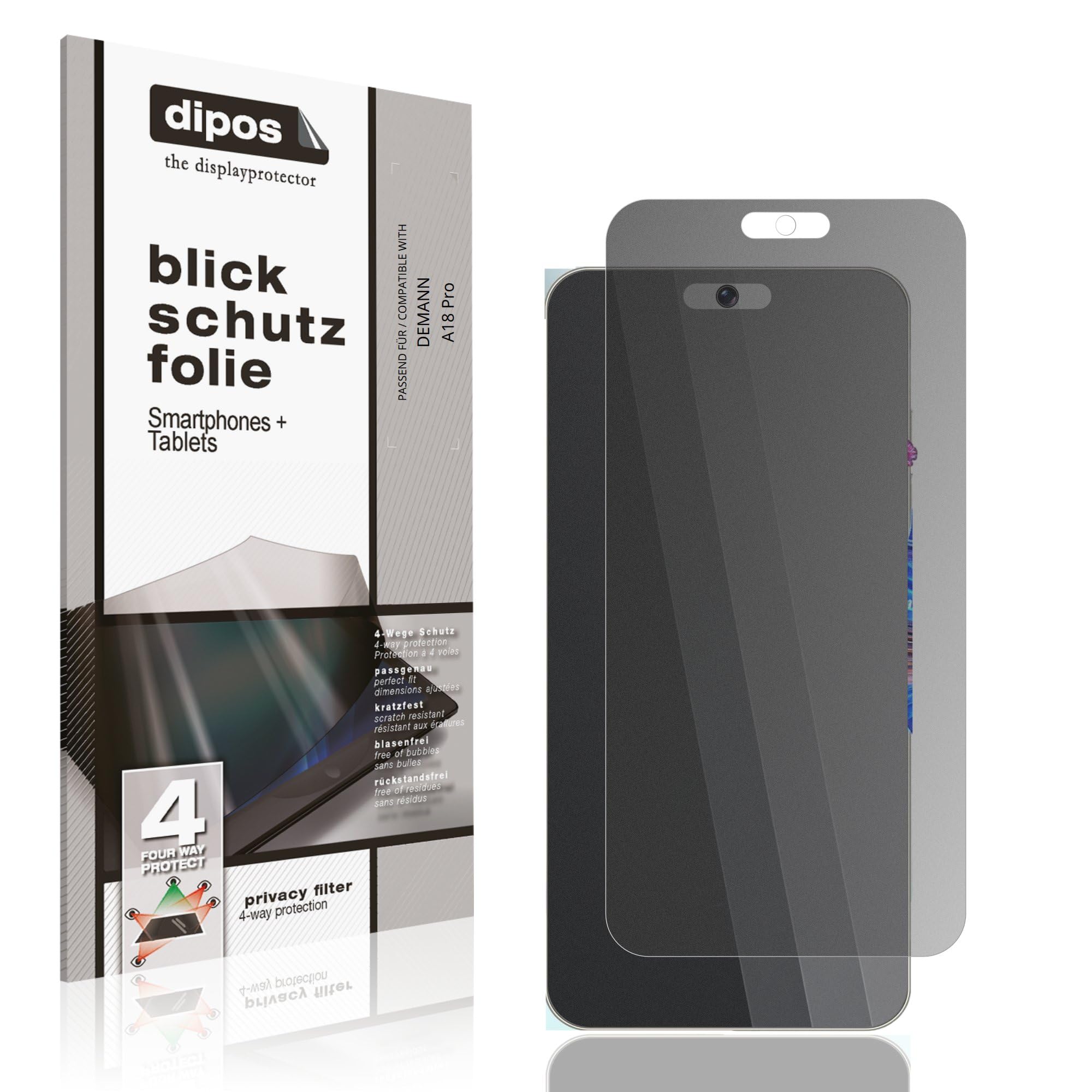 dipos Protector de Pantalla Antiespía para DEMANN A18 Pro | Película protectora mate, filtro de privacidad 4 vías, ajuste perfecto, antiarañazos, sin burbujas, autoadhesivo