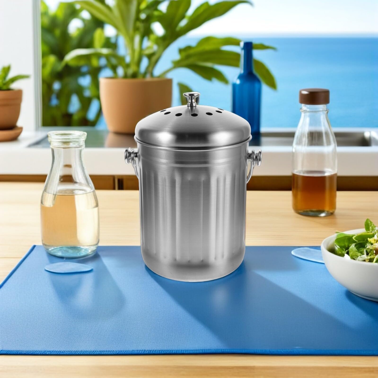 Toyvian 5 Liter Edelstahl Kompostbehälter für Küche mit Deckel und Aktivkohlefilter Geruchsneutral Kompakter Bioabfallbehälter für Arbeitsplatte und Innenräume