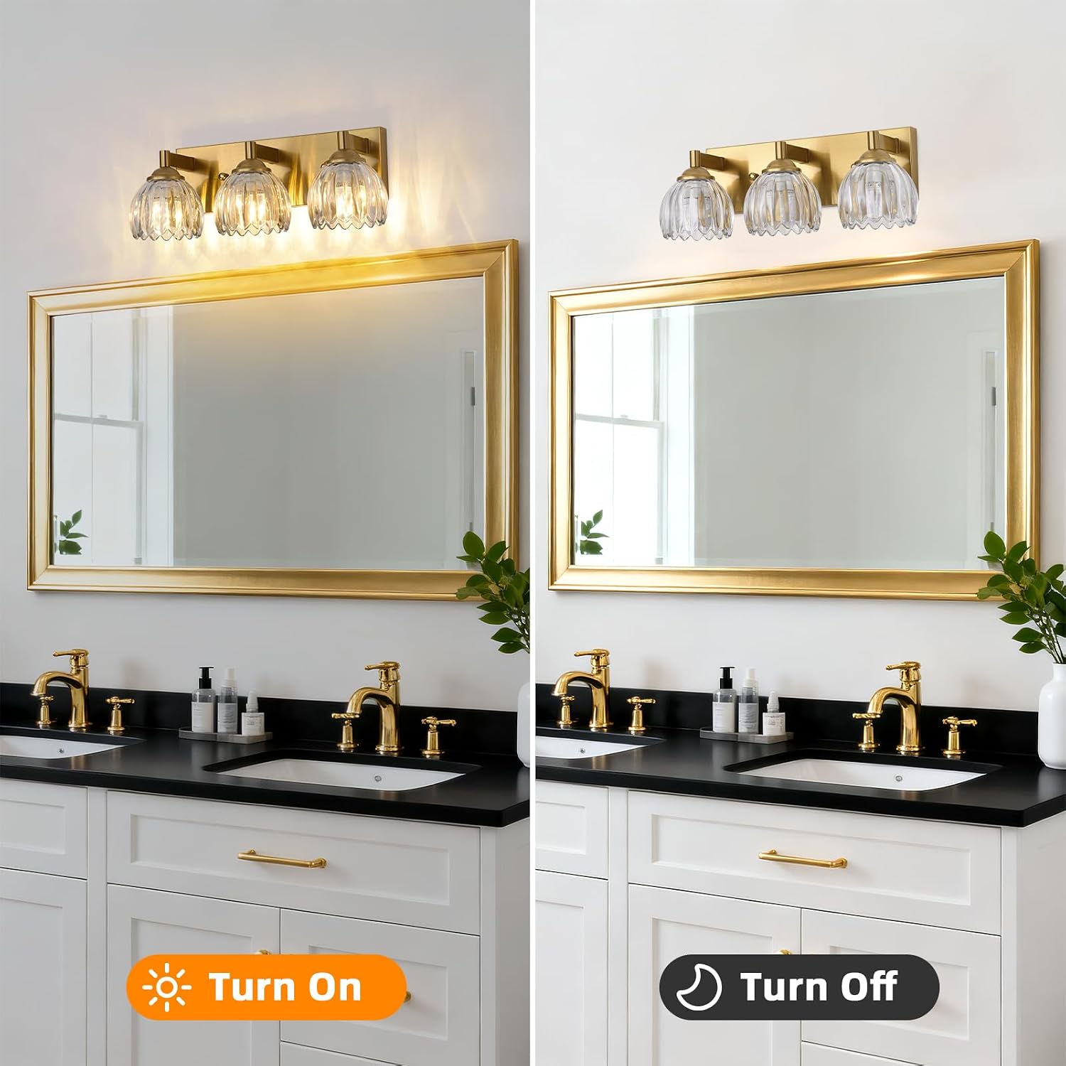 Bathroom Vanity Light Fixtures, 3-Light Brushed Gold Bathroom Light Fixtures Over Mirror, Antique Wall Lights with Clear Glass Glass Tulip Light Shade for Mirror, Kitchen, Hallway, Cabinet, Porch