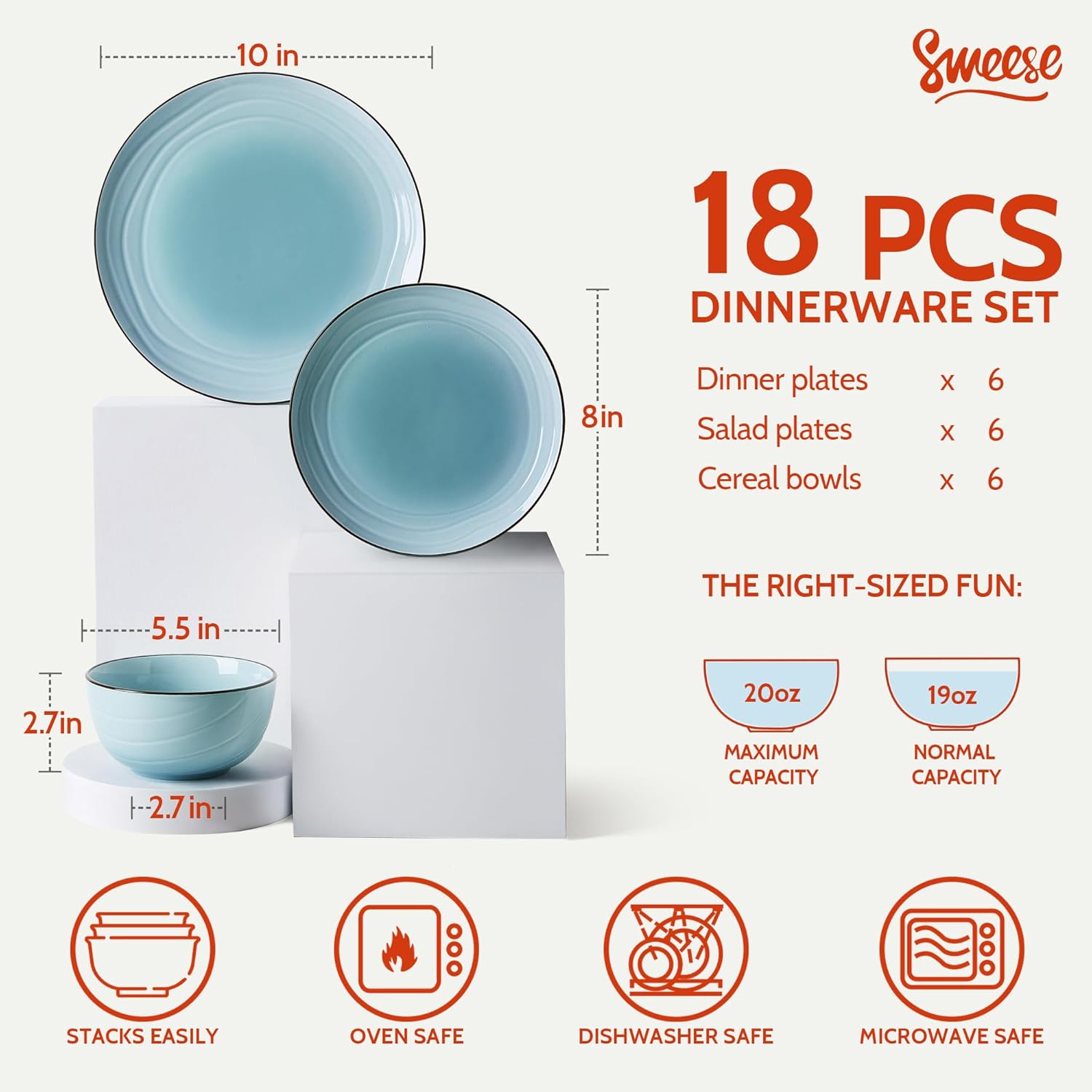 Sweese Porcelain Dinnerware Sets for 6, 18 Pieces Ceramic Plates and Bowls Sets, Handcrafted Minimalist Dinner Set, Chip and Scratch Resistant Dish Set, Dishwasher & Microwave Safe, Gradient Blue
