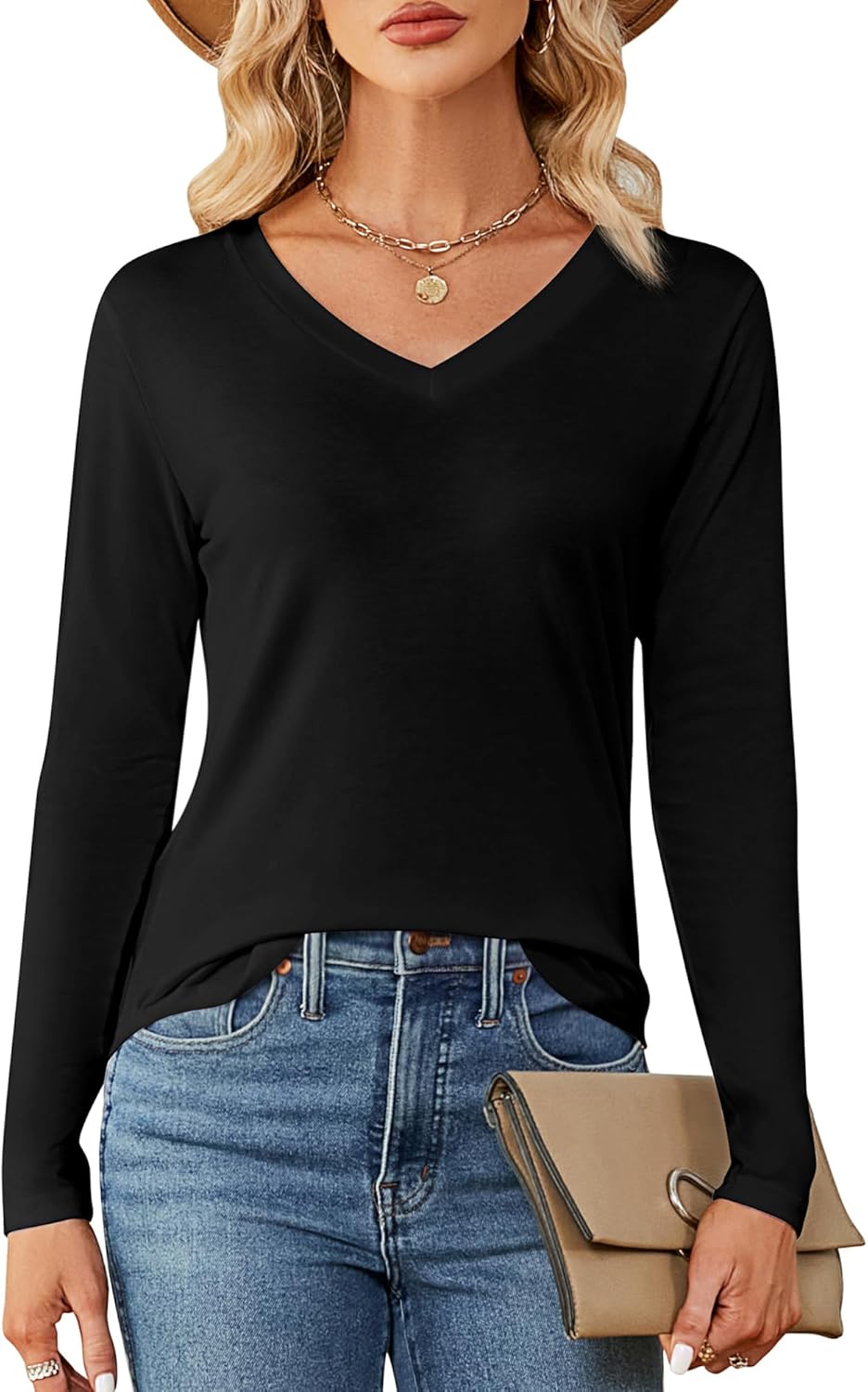 Ficerd 2 Pack Women's Long Sleeve T Shirts, Casual V Neck Tunic Tops Basic Loose Solid Tees Irregular Hem Blouses Outfit 2025 - Image 2