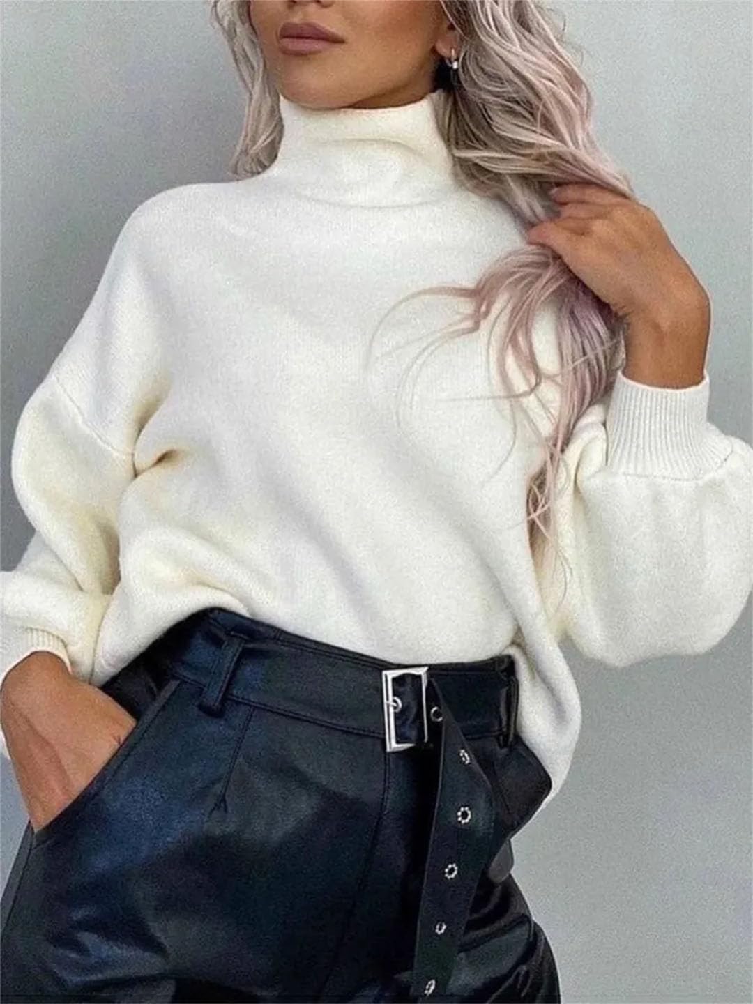 Maglione da donna a collo alto, a maniche lunghe, in maglia