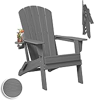 Plawdlik Folding Adirondack Chair with Cup Holder - All-Weather HDPE Wood Grain, 380lbs Capacity, 38" Tall Backrest, Grey Patio Chair
