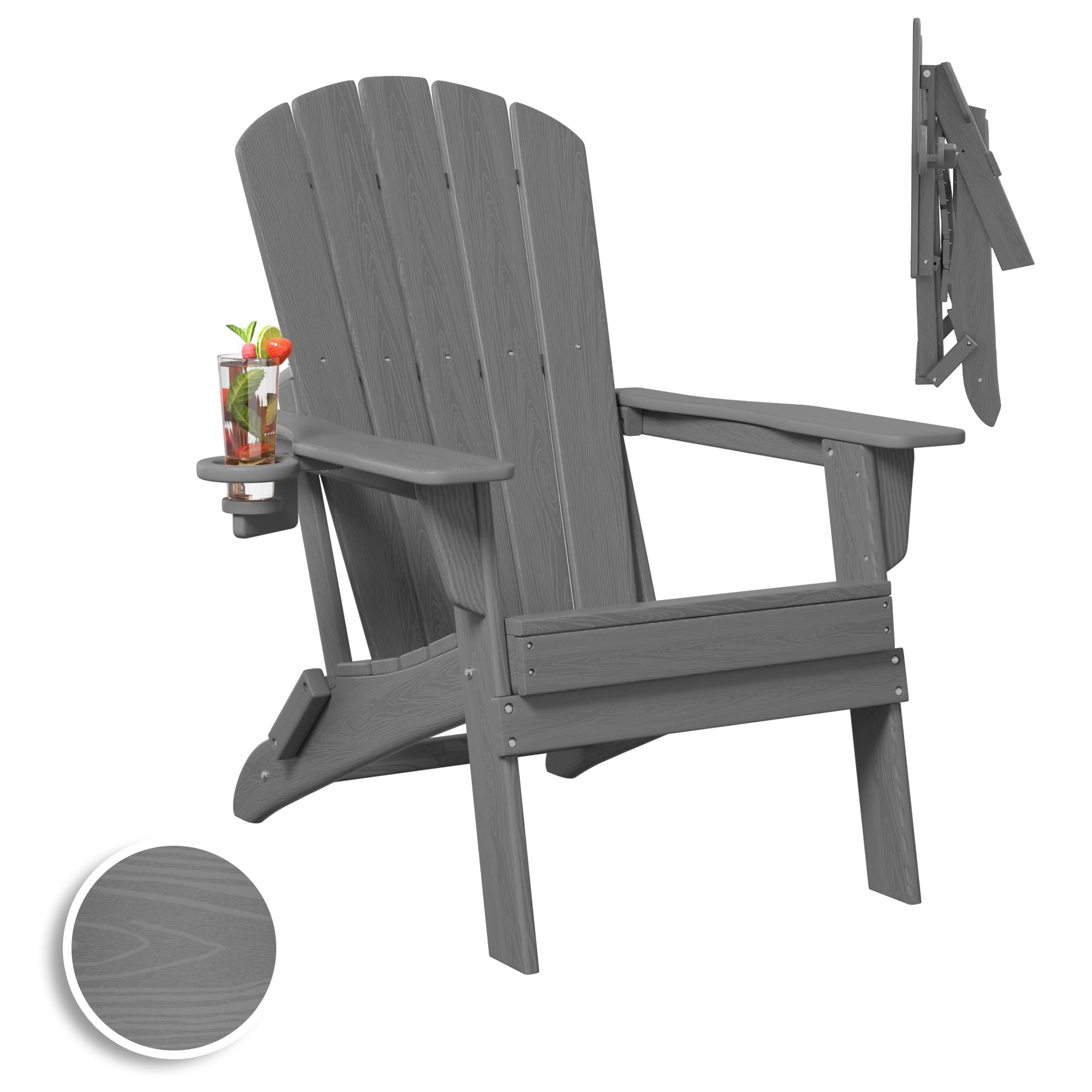 Plawdlik Folding Adirondack Chair, SGS Tested, Wooden Textured with Cup Holder, Heavy All-Weather HDPE Comfortable Set Poolside Backyard Lawn Grey