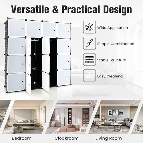 Miniatura 6 de GOFLAME Armario portátil, organizador de almacenamiento de 16 cubos con 16 puertas y 2 varillas para colgar, cómoda modular de ropa, armario de