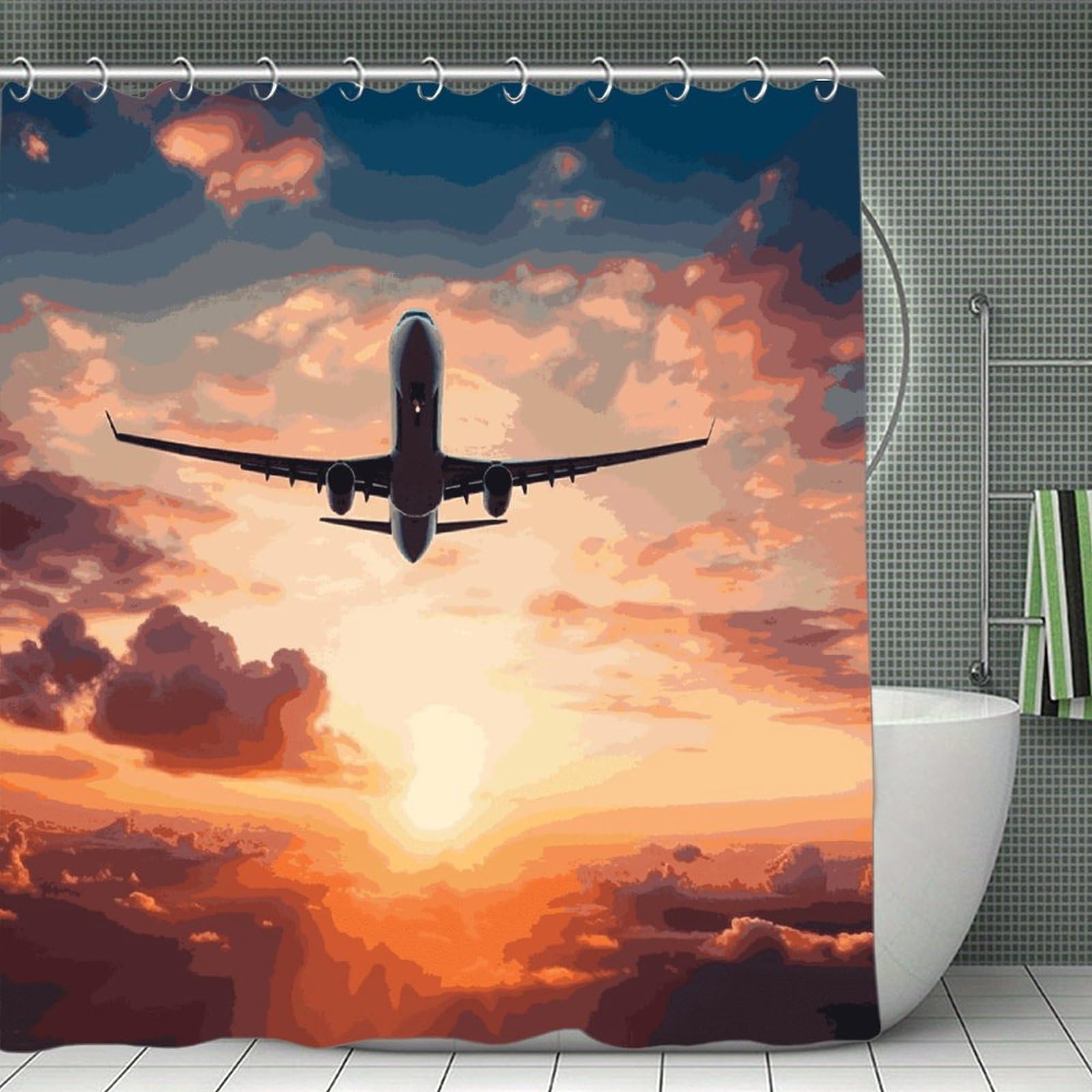 VstaDank Airplane Sunset Sky Shower Curtain 71x71 Heavy Duty Polyester Cloth Bath Curtain with Hooks Thick Waterproof Shower Liner Fun Magic Decorative Bathroom Curtains for Bathtub