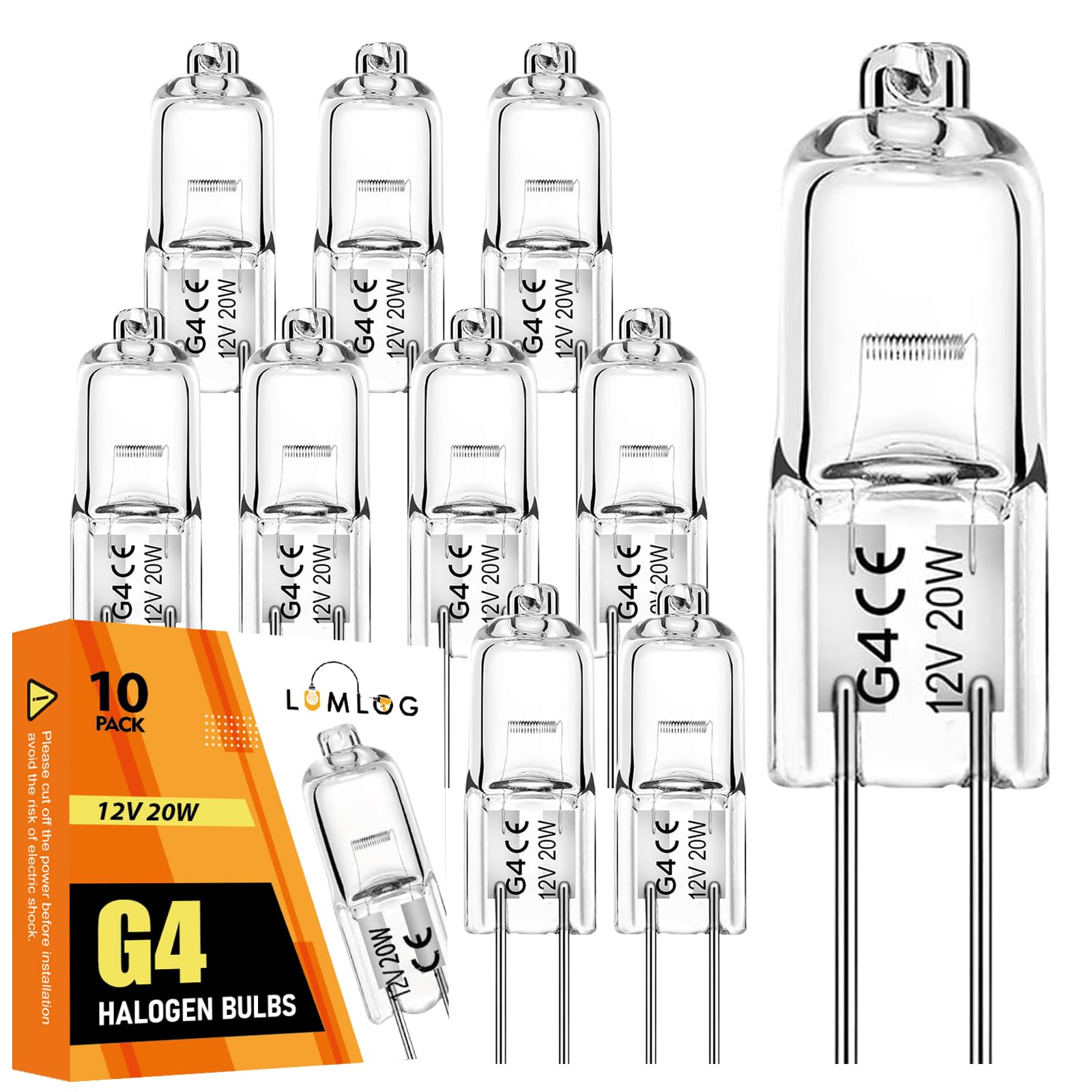 Lumlog G4 Halogen Light Bulbs 20W 12V Clear Capsule 2 Pin Lamp Bulbs Halogen Pin Base Warm White Dimmable 10Pack [Energy Class G]