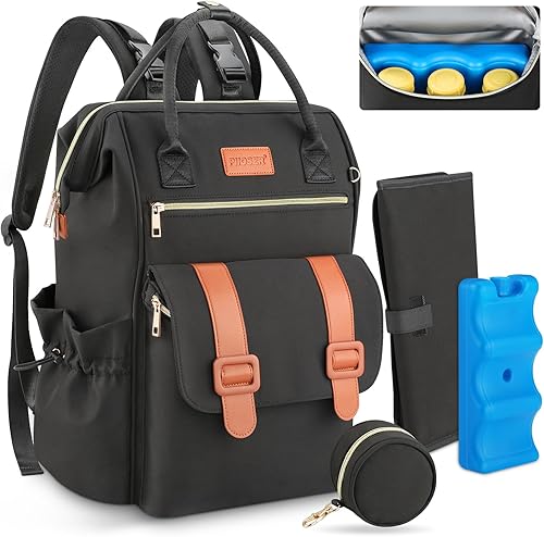 PIIOSER Mochila para pañales con bolsa de hielo, Negro -, Grande, Bolsa de pañales MochilaBolsa de Bump Enfriador de leche maternaBolsa de pañales