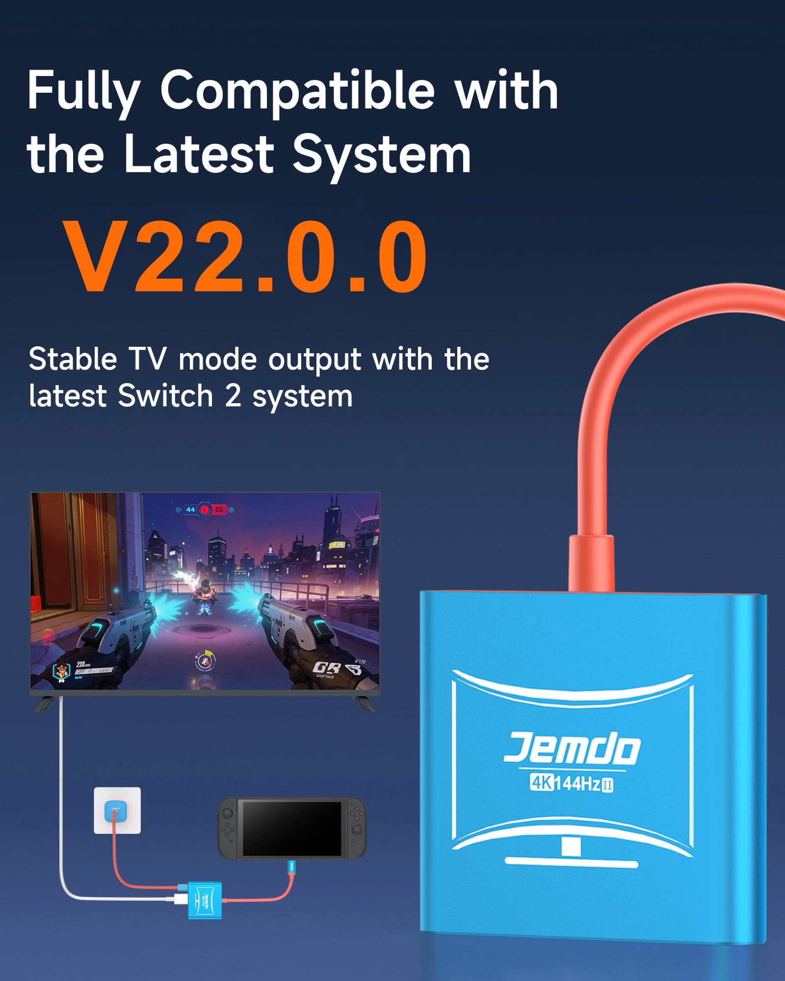 JEMDO Dock per Switch 2(V22.0.0+), Adattatore HDMI 2.1 per TV 4K@144Hz HDR, Hub USB-C 48Gbps con USB 3.2 e Ricarica Rapida PD 100W, Dock Portatile Compatibile con Switch 2 / OLED / 2017